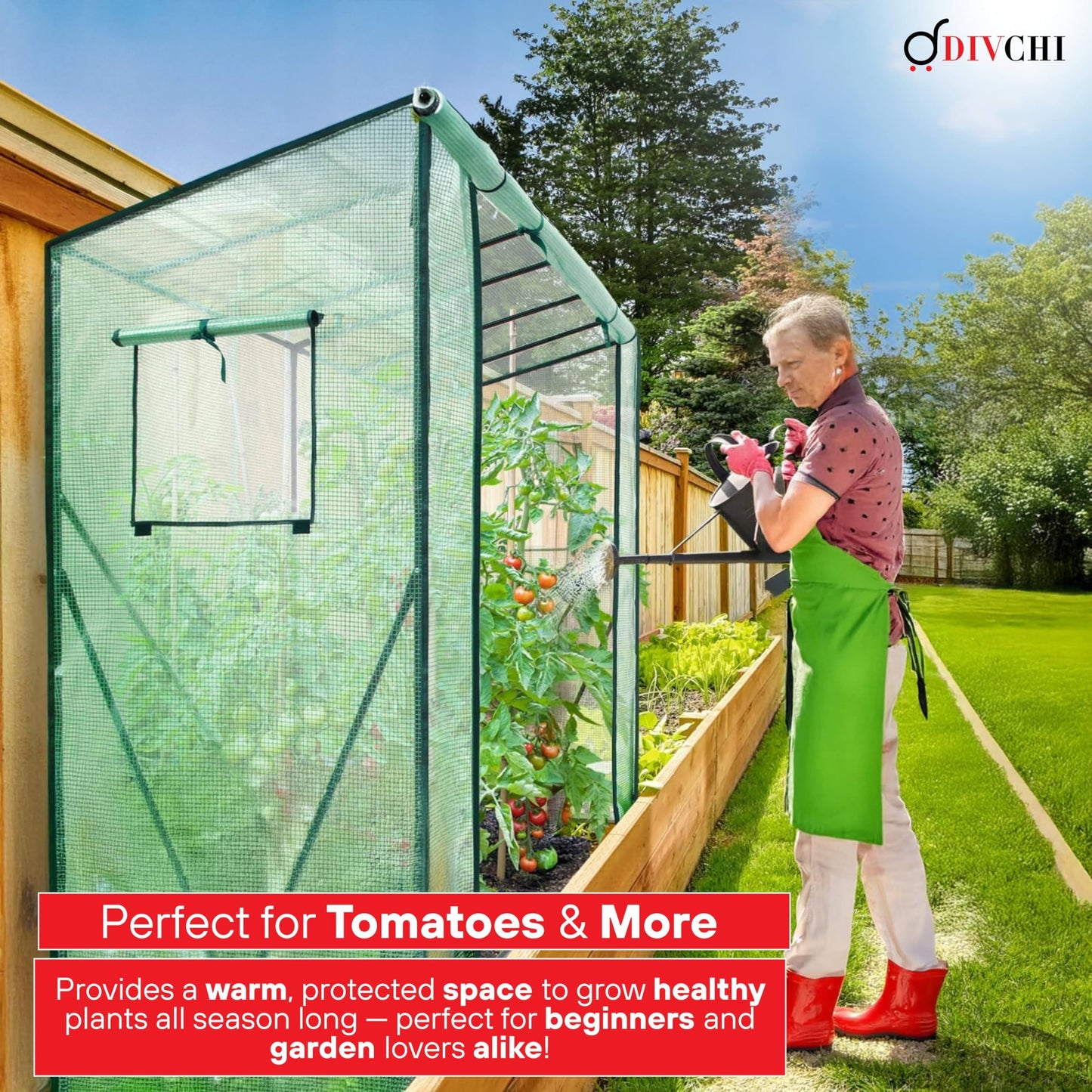 DIVCHI Walk-In Garden Greenhouse Tomato Greenhouse Tent With Roll-Up Zippered Door UV Resistant PE Cover, Durable Rust-Proof Steel Frame Plants Shed for Garden & Backyard (Green)