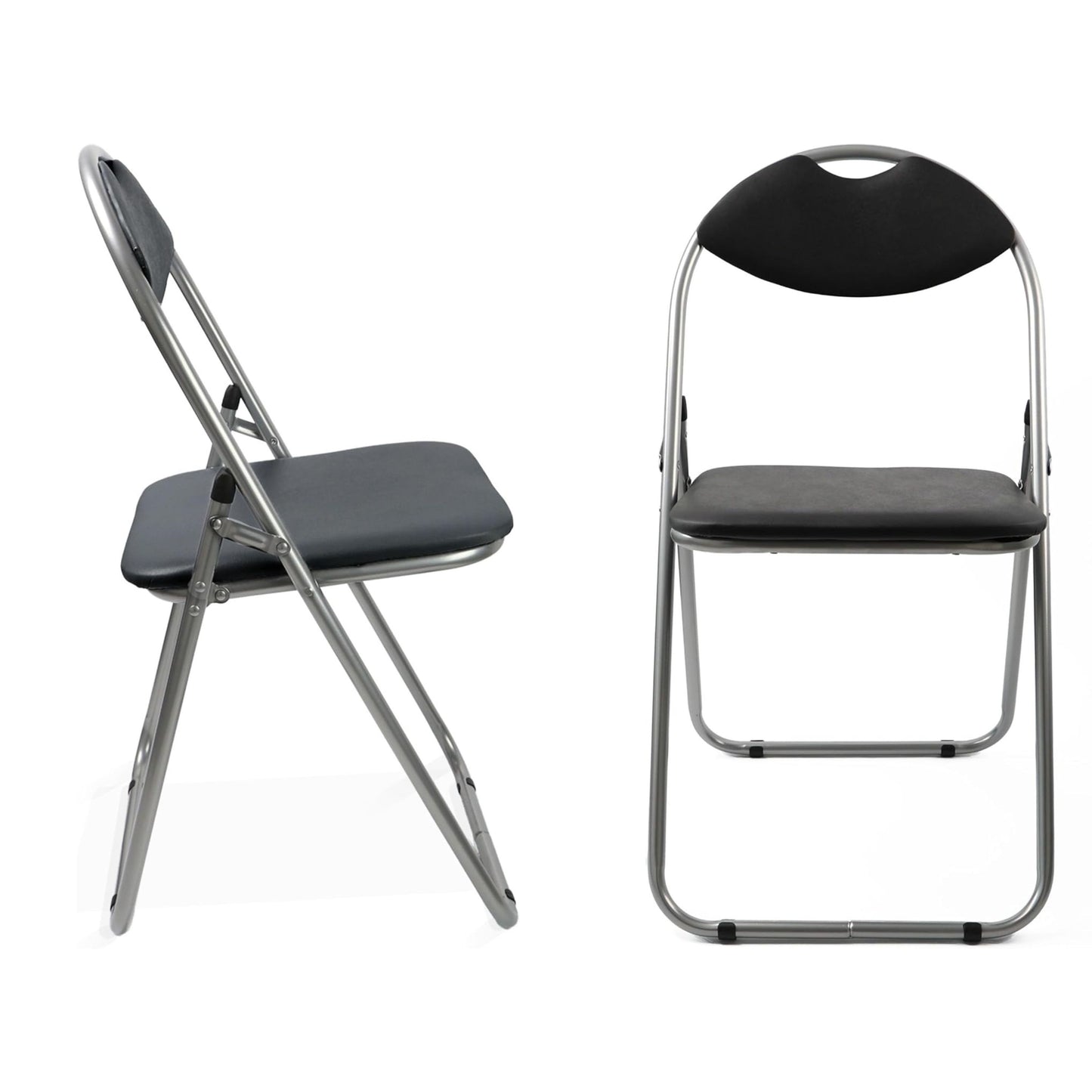 Two folding chairs with black seats and chrome frames on a white background