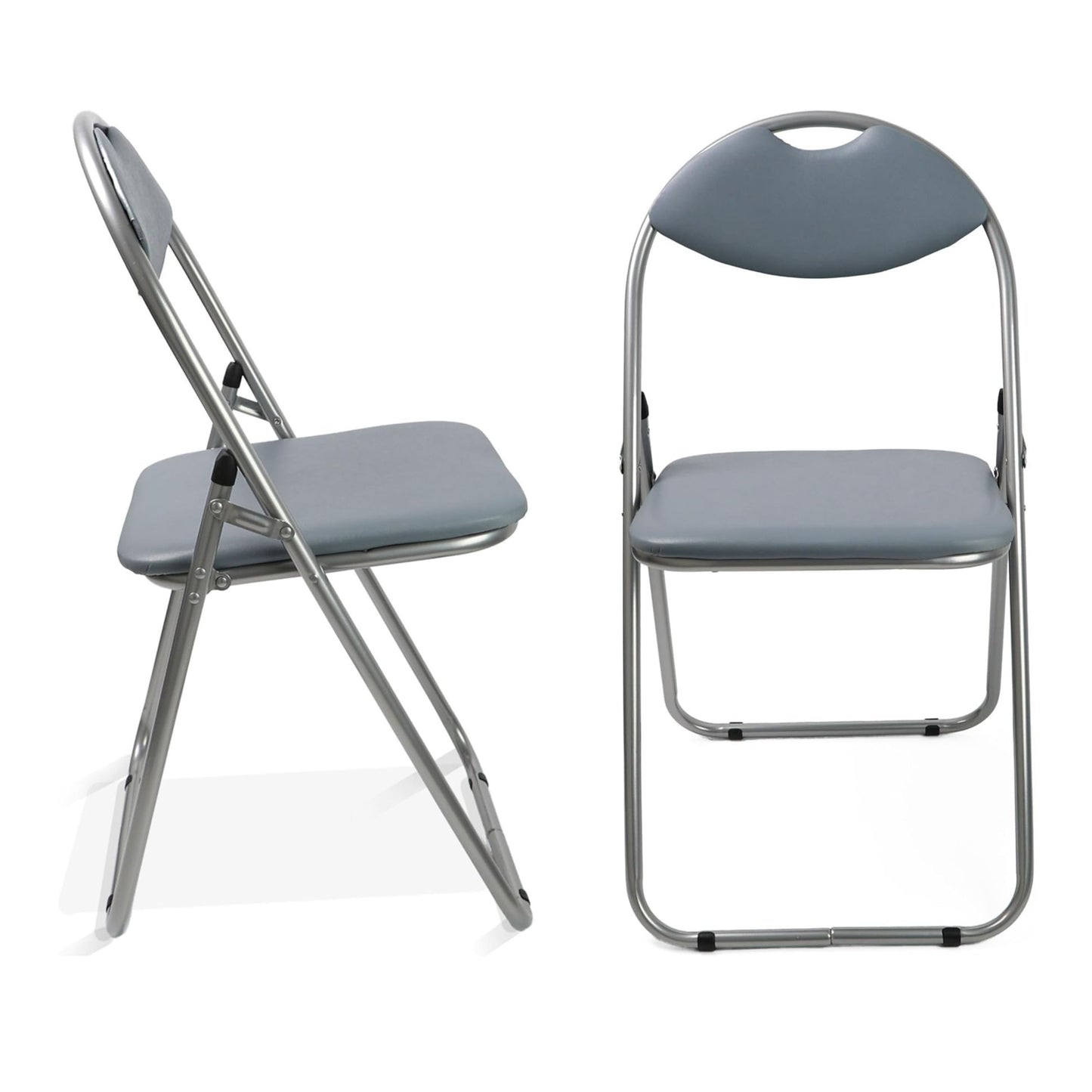Two gray folding chairs with metal frames on a white background