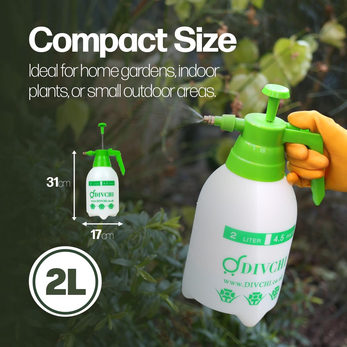 DIVCHI 2L Pressure Spray Bottle with Adjustable Nozzle Portable Hand Pump Garden Water Sprayer – Weed Killer Hand Held Lawn Plant Sprayer – Heavy Duty Material – Small Compact - DIVCHI