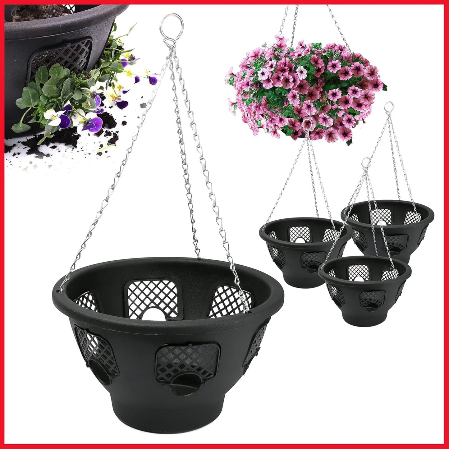Black hanging planters with pink flowers and a red border