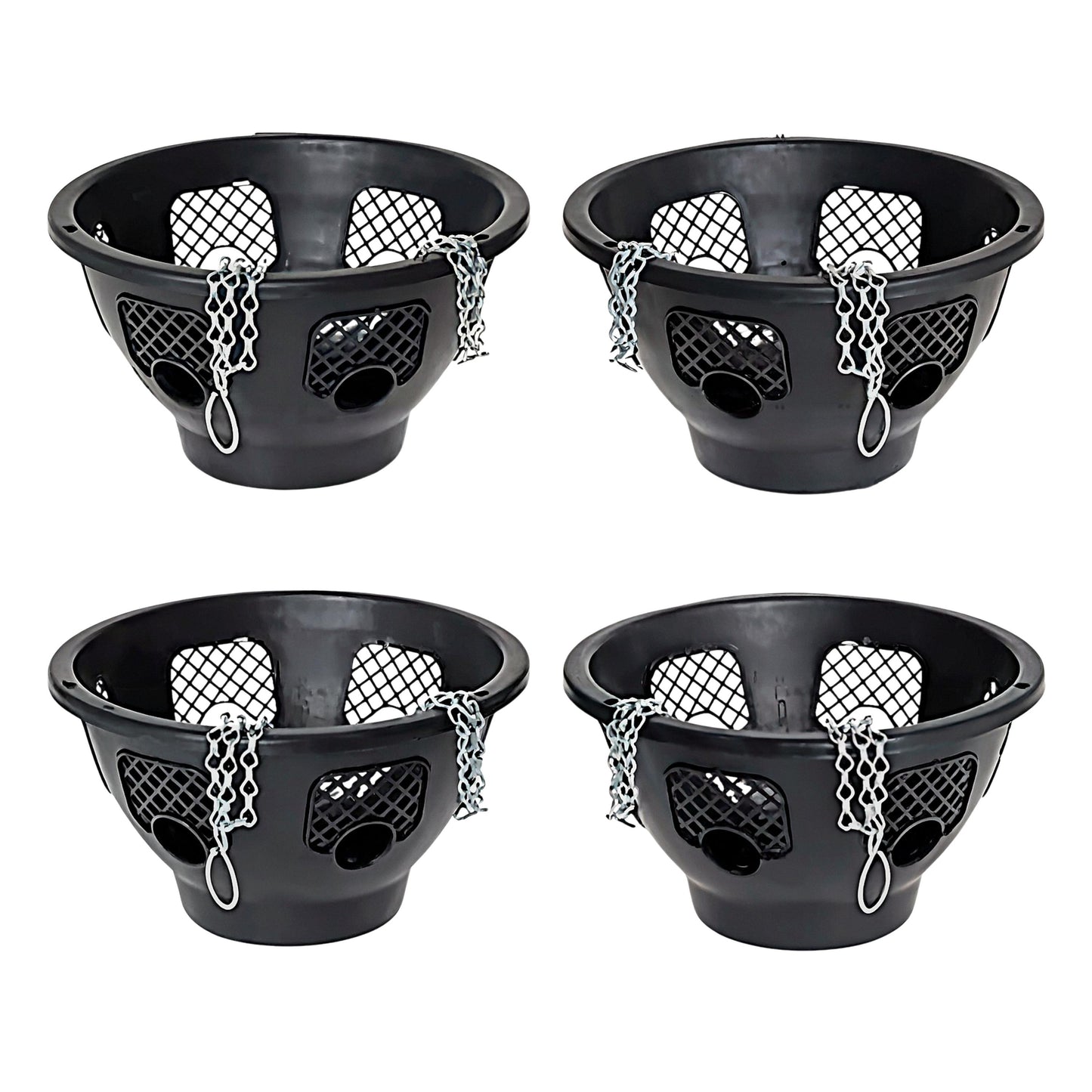 Four black plastic Baskets with mesh bottoms and chains on a white background