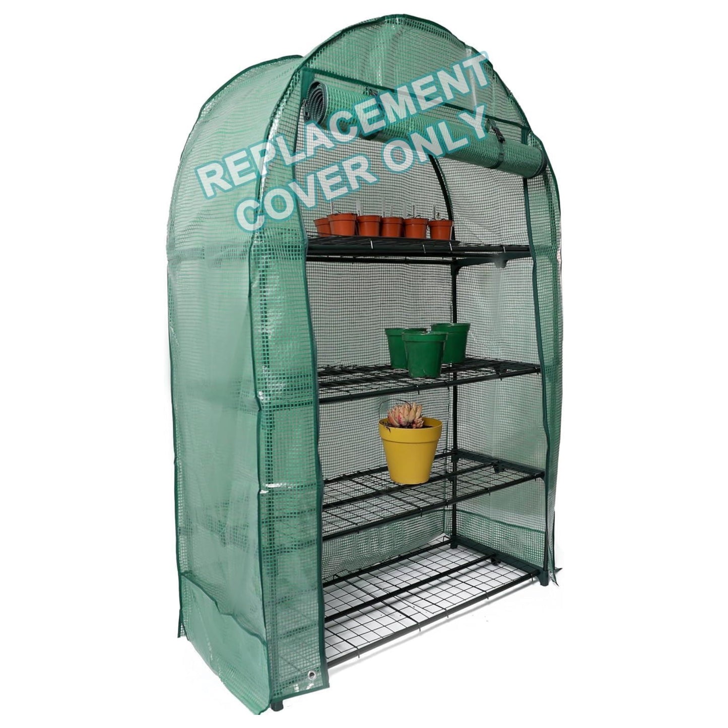 Green mesh greenhouse with shelves and pots inside, labeled 'Replacement Cover Only'.