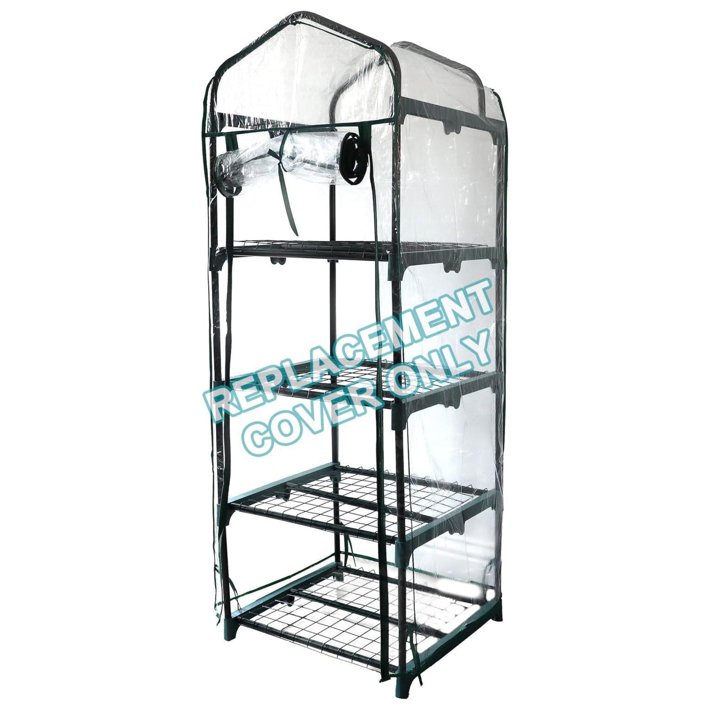 Clear greenhouse cover with metal frame on a white background, labeled 'Replacement Cover Only'.