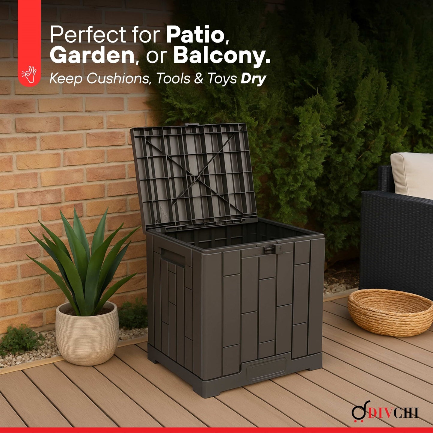 DIVCHI Outdoor Storage Box Waterproof Deck Box for Garden Tools Patio Cushions and Pool Accessories Lockable Easy Assembly Versatile Bench or Table (30 Gallon)