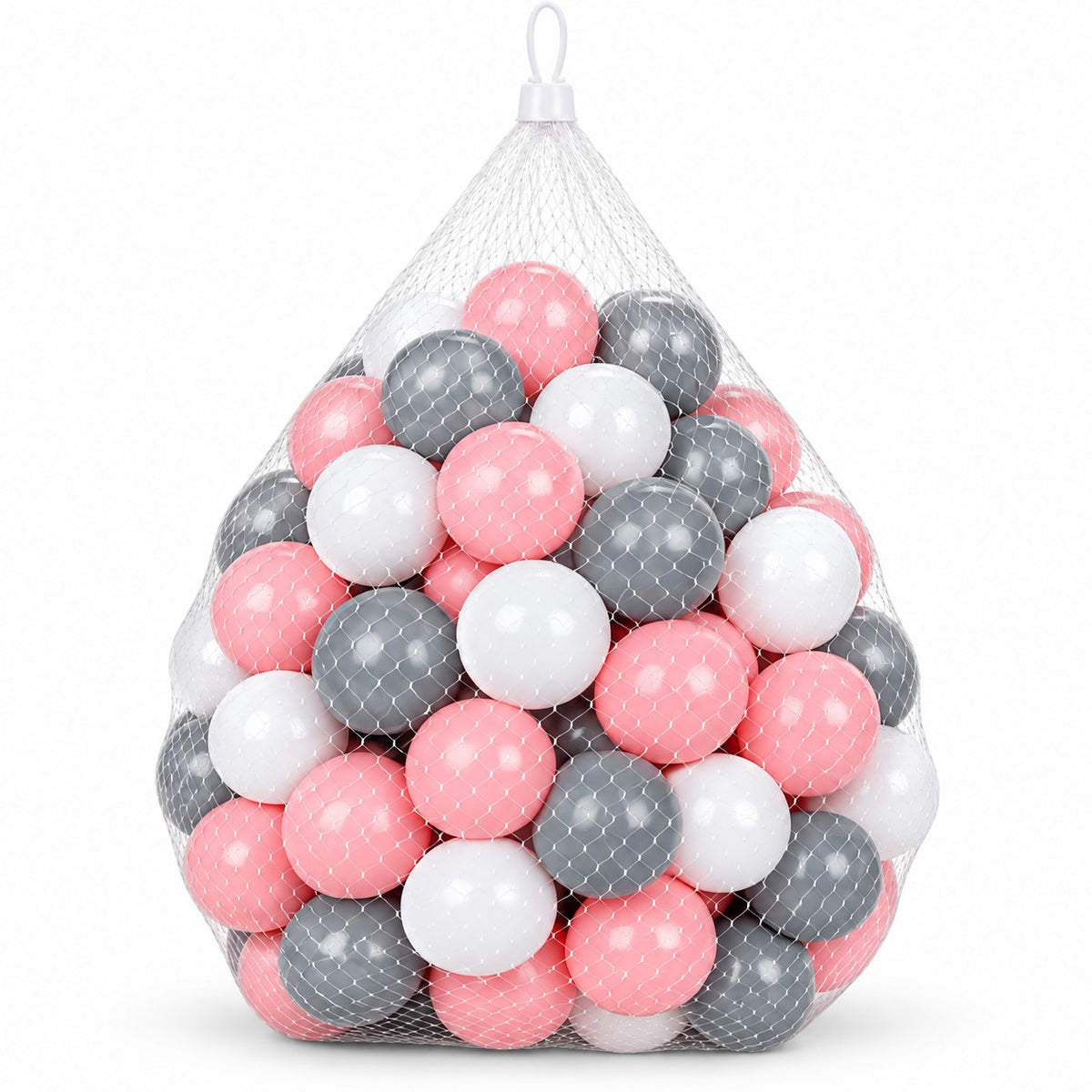 DIVCHI metallic soft play balls in pink, grey and white in a net bag