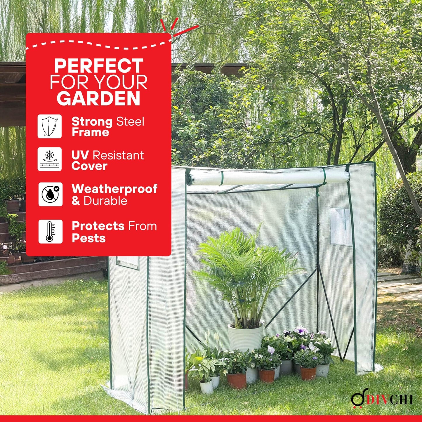 DIVCHI Walk-In Garden Greenhouse Tomato Greenhouse Tent With Roll-Up Zippered Door UV Resistant PE Cover, Durable Rust-Proof Steel Frame Plants Shed for Garden & Backyard (White)