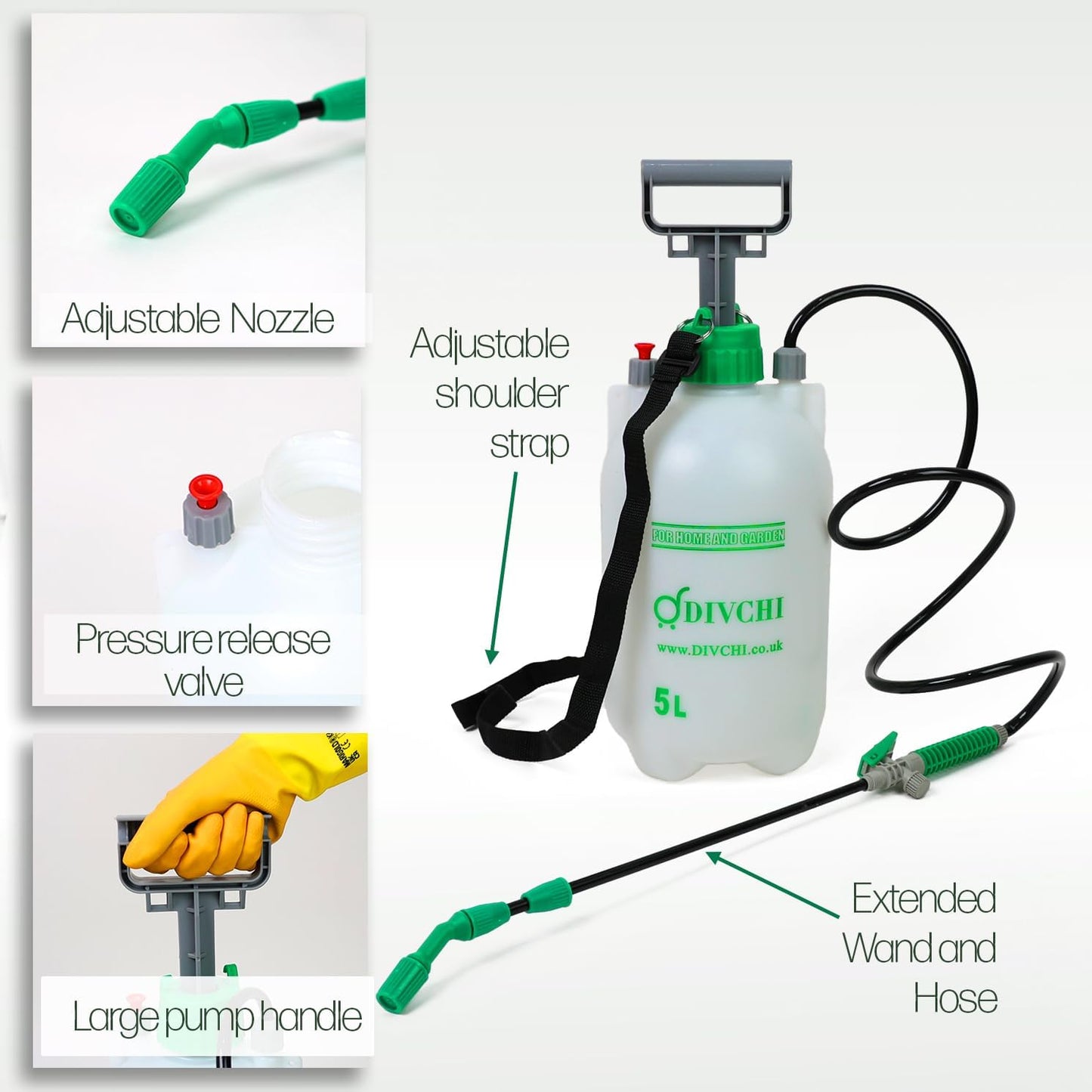 DIVCHI 5 Litre Pump Action Pressure Sprayer with Adjustable Nozzle & Carrying Strap | High-Pressure Pump Spray for Weed Killer Pesticides Fungicides Cleaning | Water Sprayer Bottle - DIVCHI
