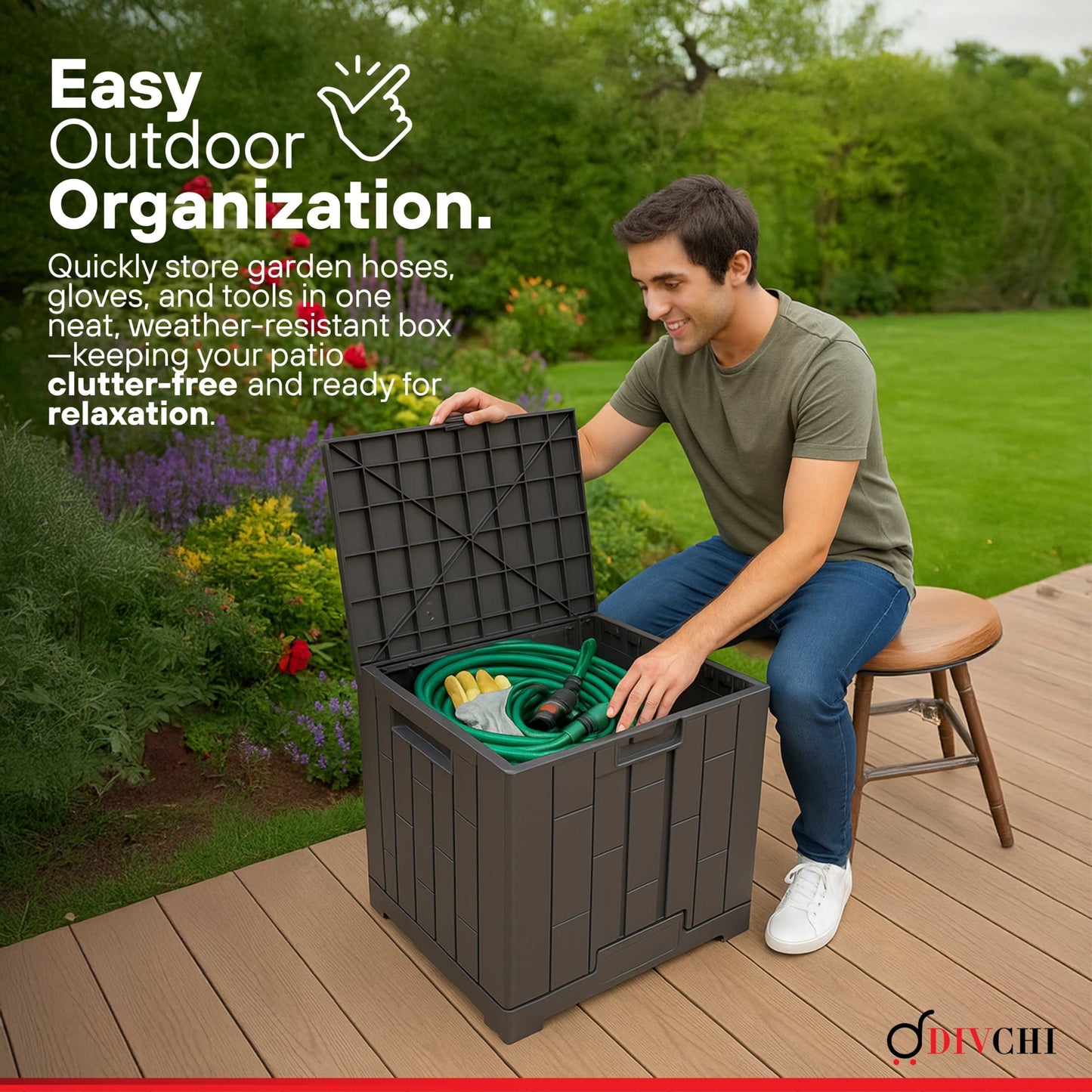 DIVCHI Outdoor Storage Box Waterproof Deck Box for Garden Tools Patio Cushions and Pool Accessories Lockable Easy Assembly Versatile Bench or Table (30 Gallon)