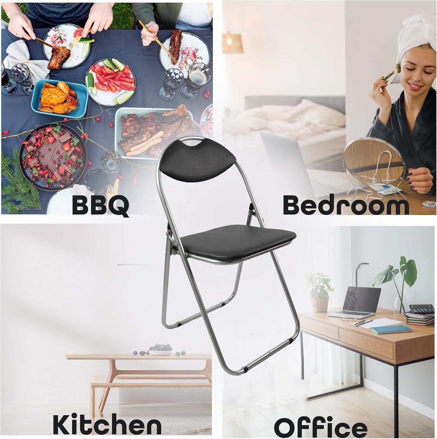Collage of a folding chair in various settings including BBQ, bedroom, kitchen, and office.