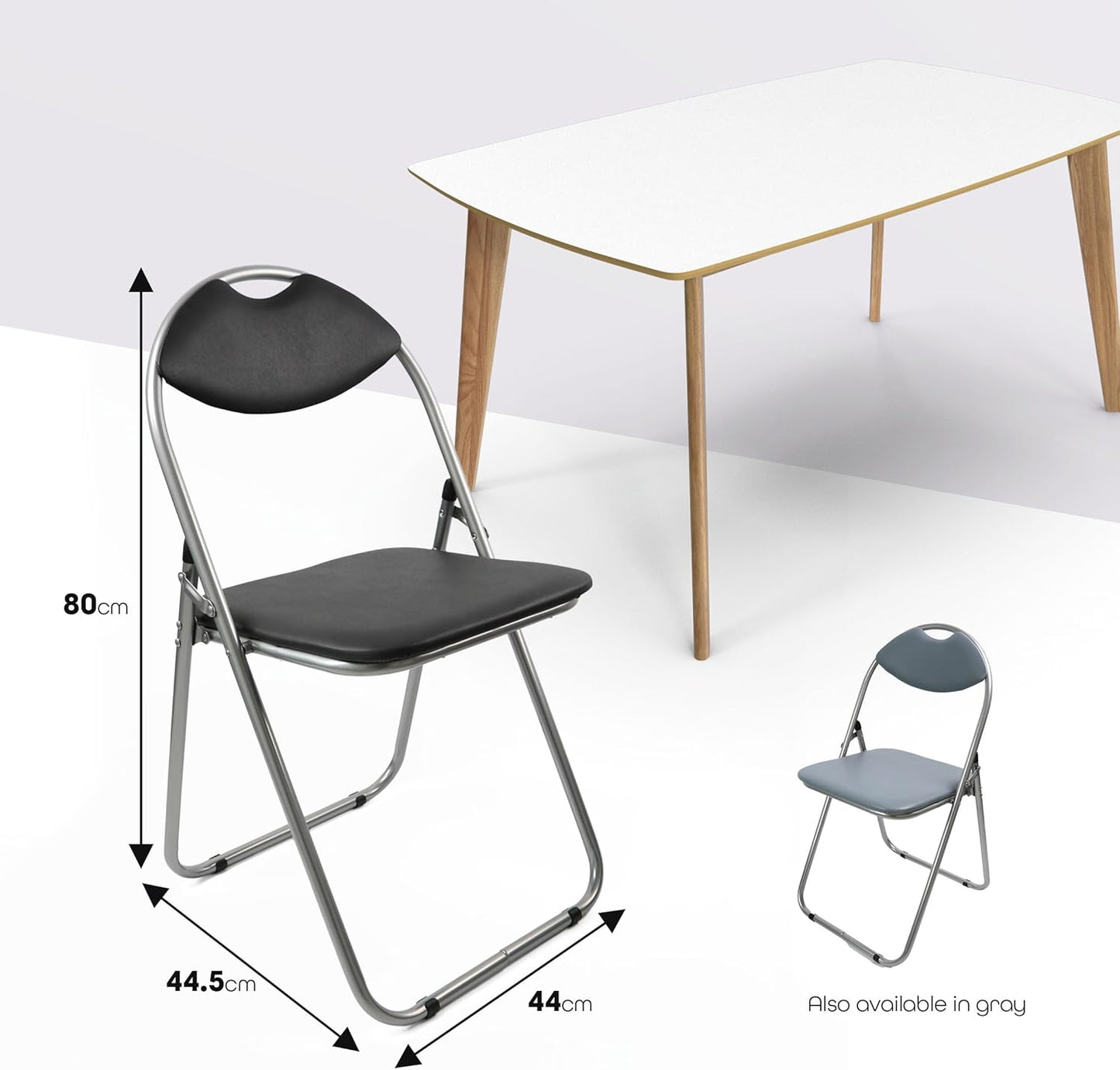 Black folding chair with measurements and another gray chair in the background on a white surface.