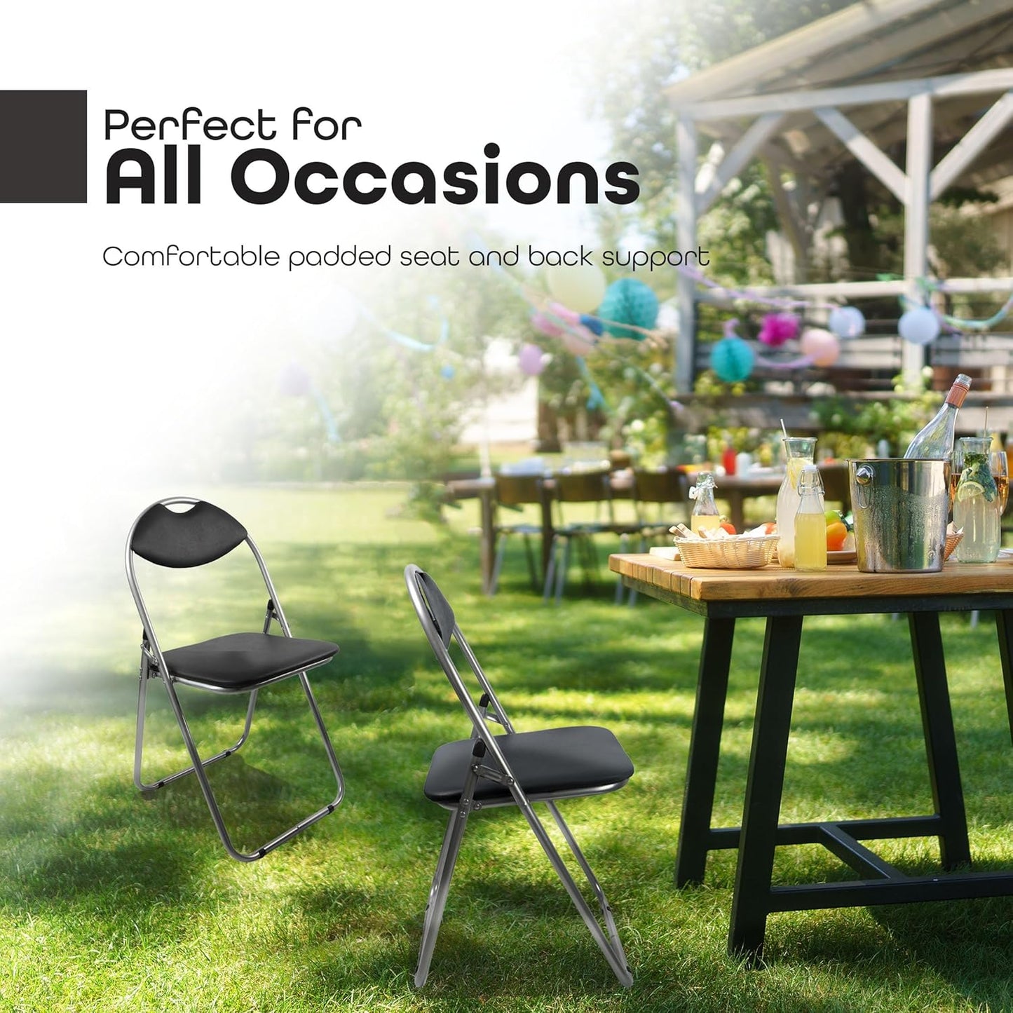 Two folding chairs on grass with a table in the background, text 'Perfect for All Occasions'.