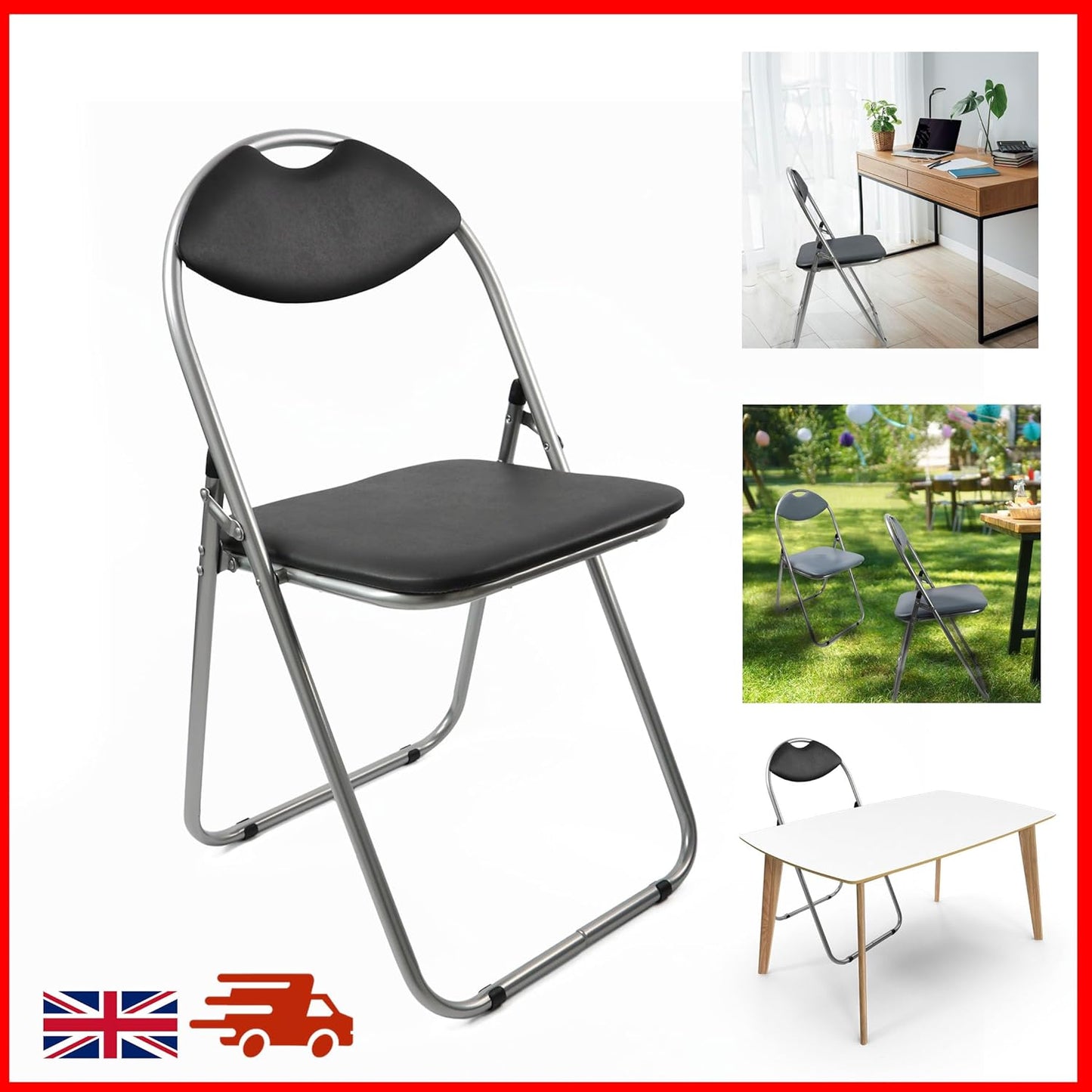 Black folding chair with images of its use in various settings.