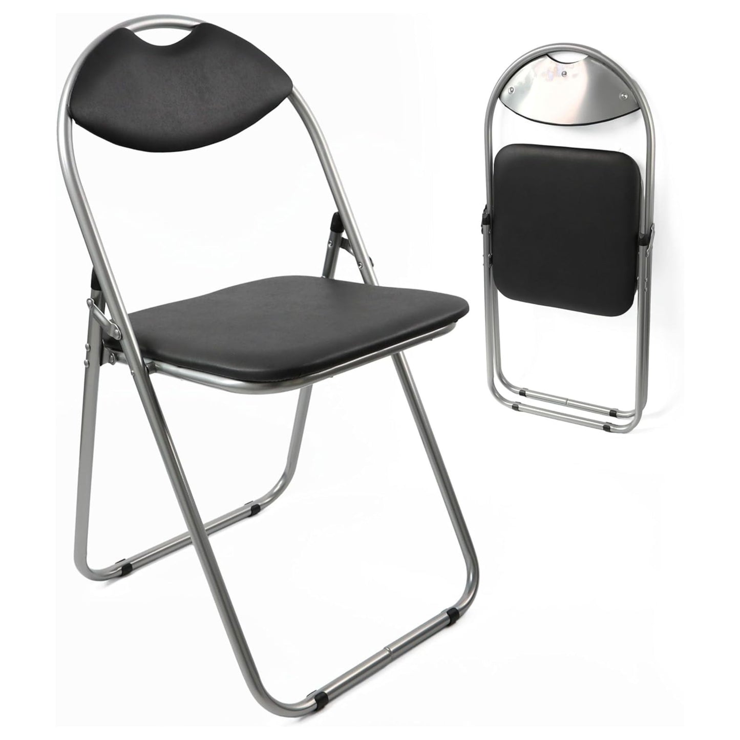 Black folding chair with chrome frame on a white background