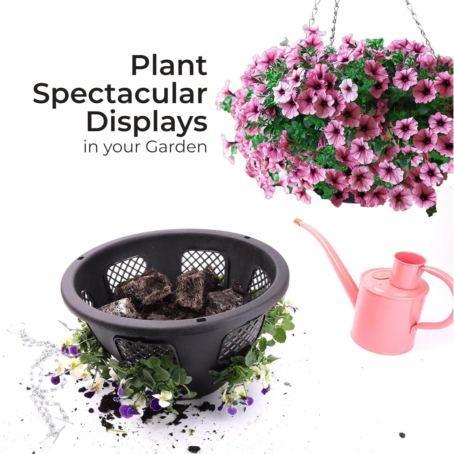Gardening setup with black planter, pink watering can, and hanging flower basket on a white background.