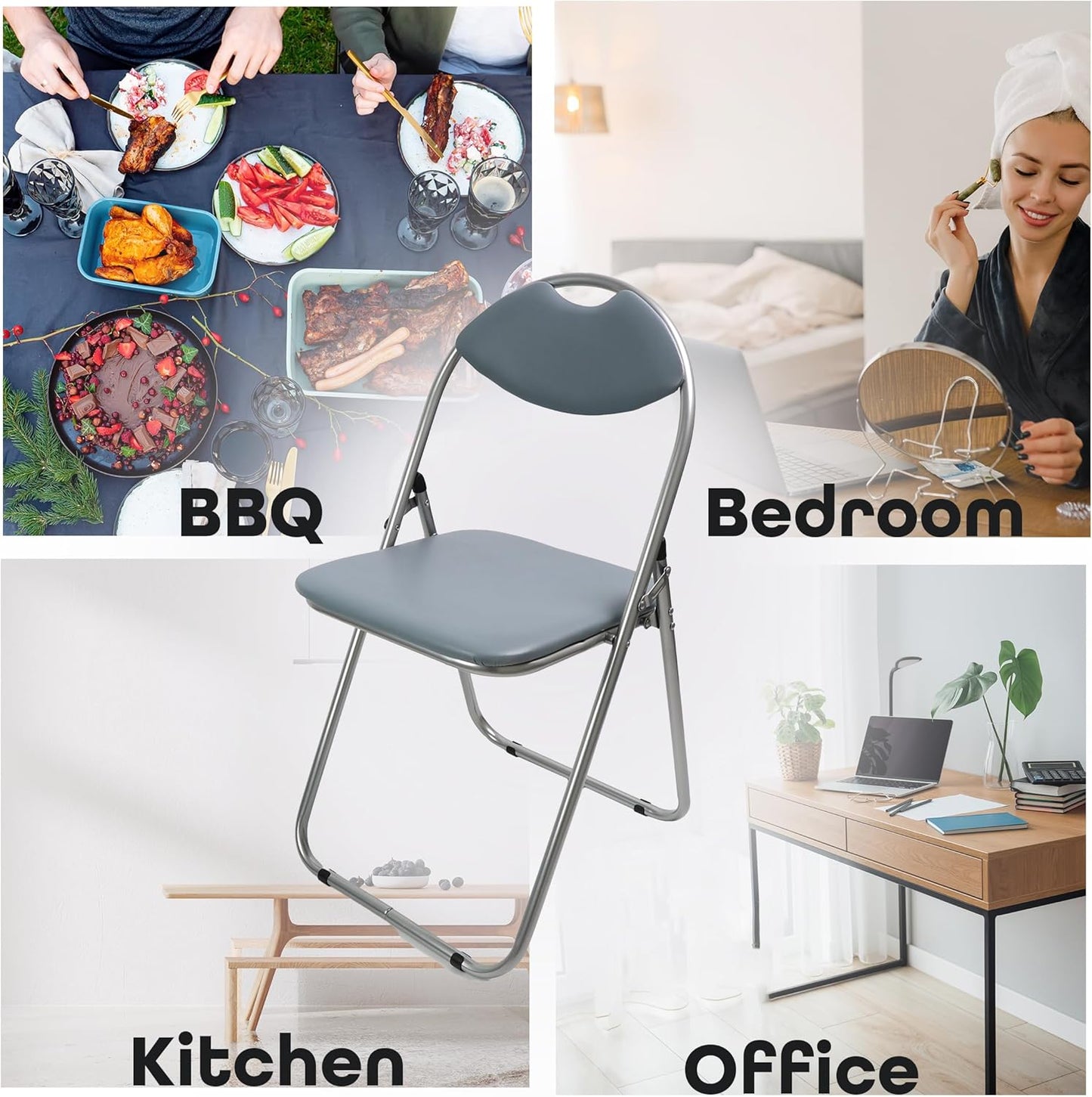 Collage of a folding chair in various settings: BBQ, bedroom, kitchen, and office.