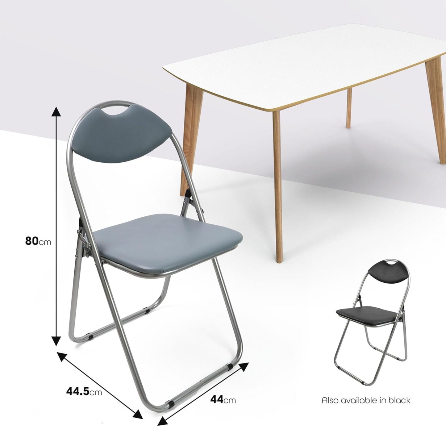 Gray folding chair with dimensions and a black chair inset, placed next to a white table.