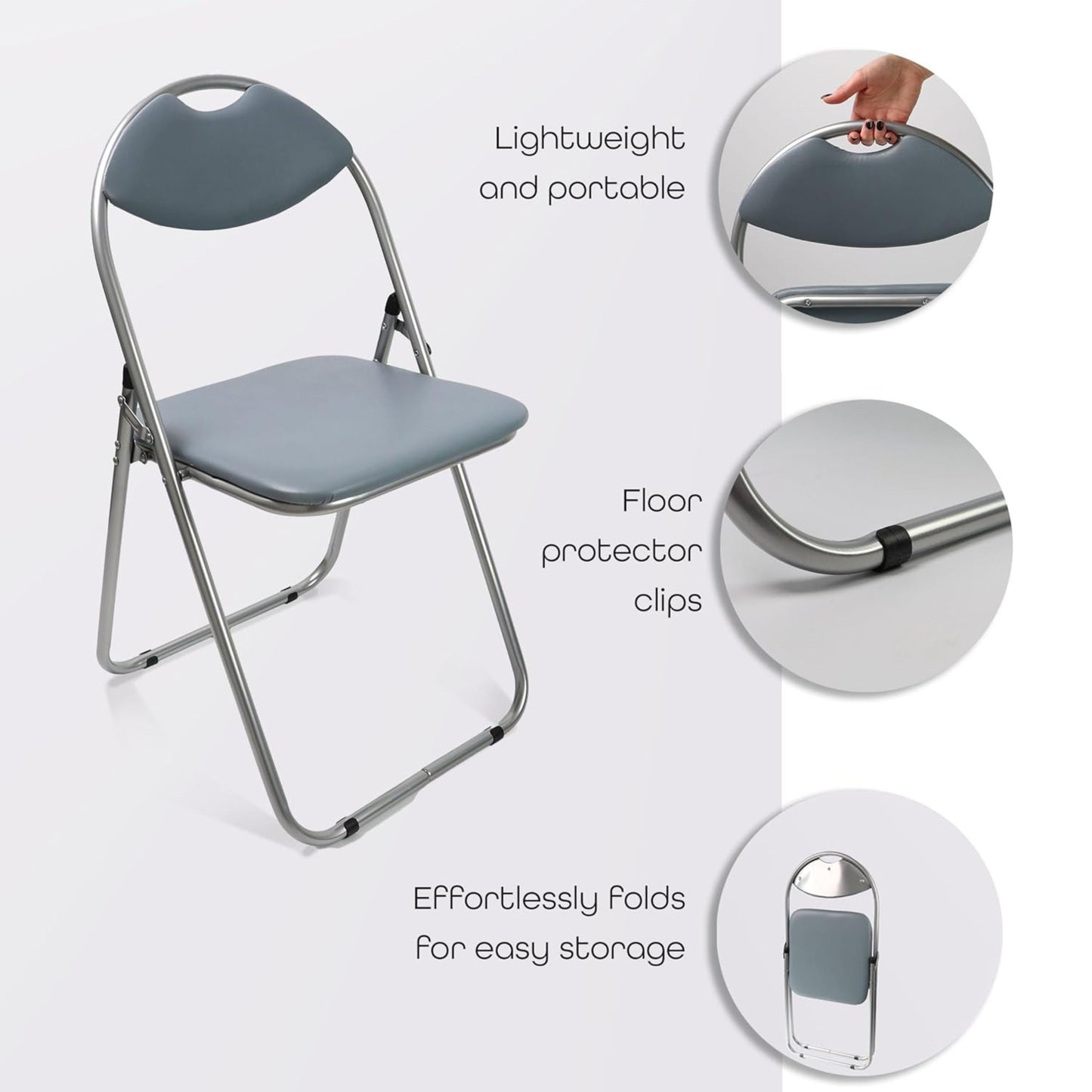 Lightweight and portable folding chair with floor protector clips on a white background