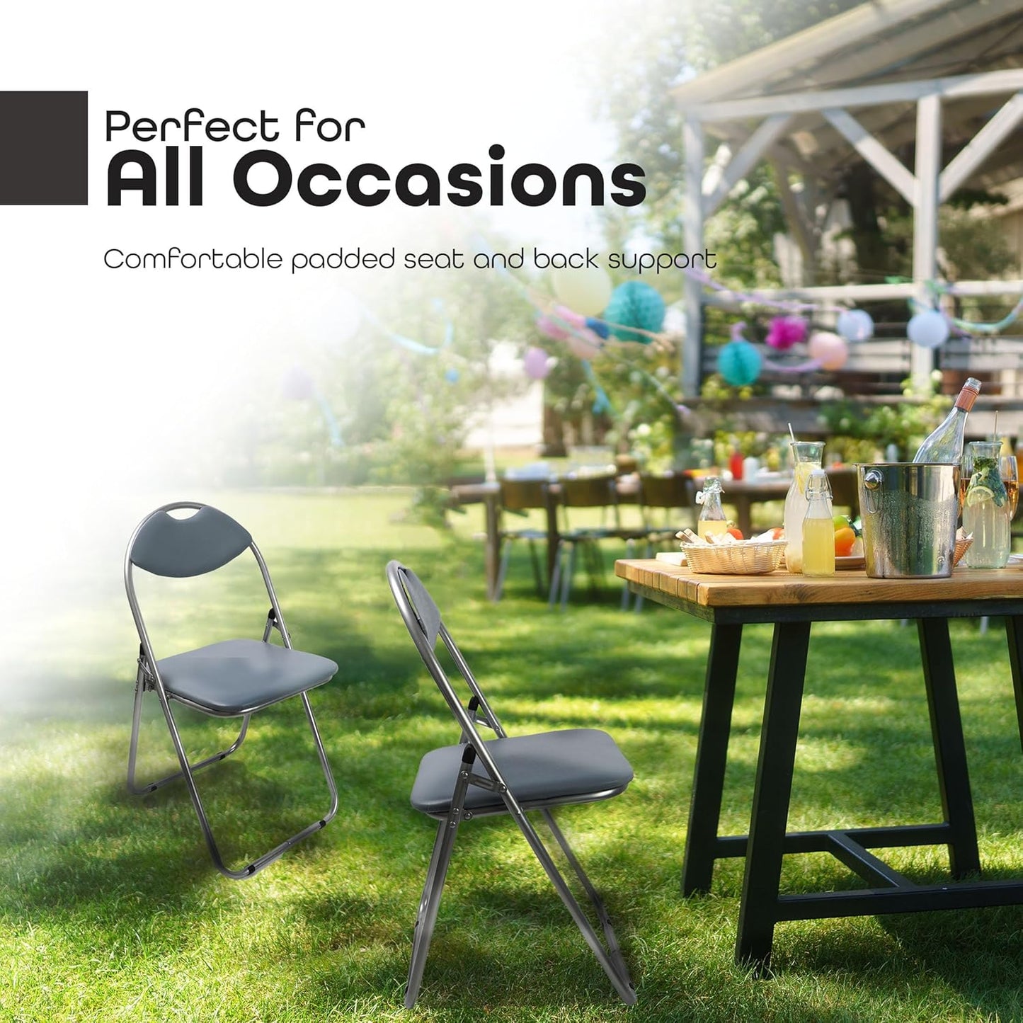 Two folding chairs on grass with a table in the background, text 'Perfect for All Occasions'.