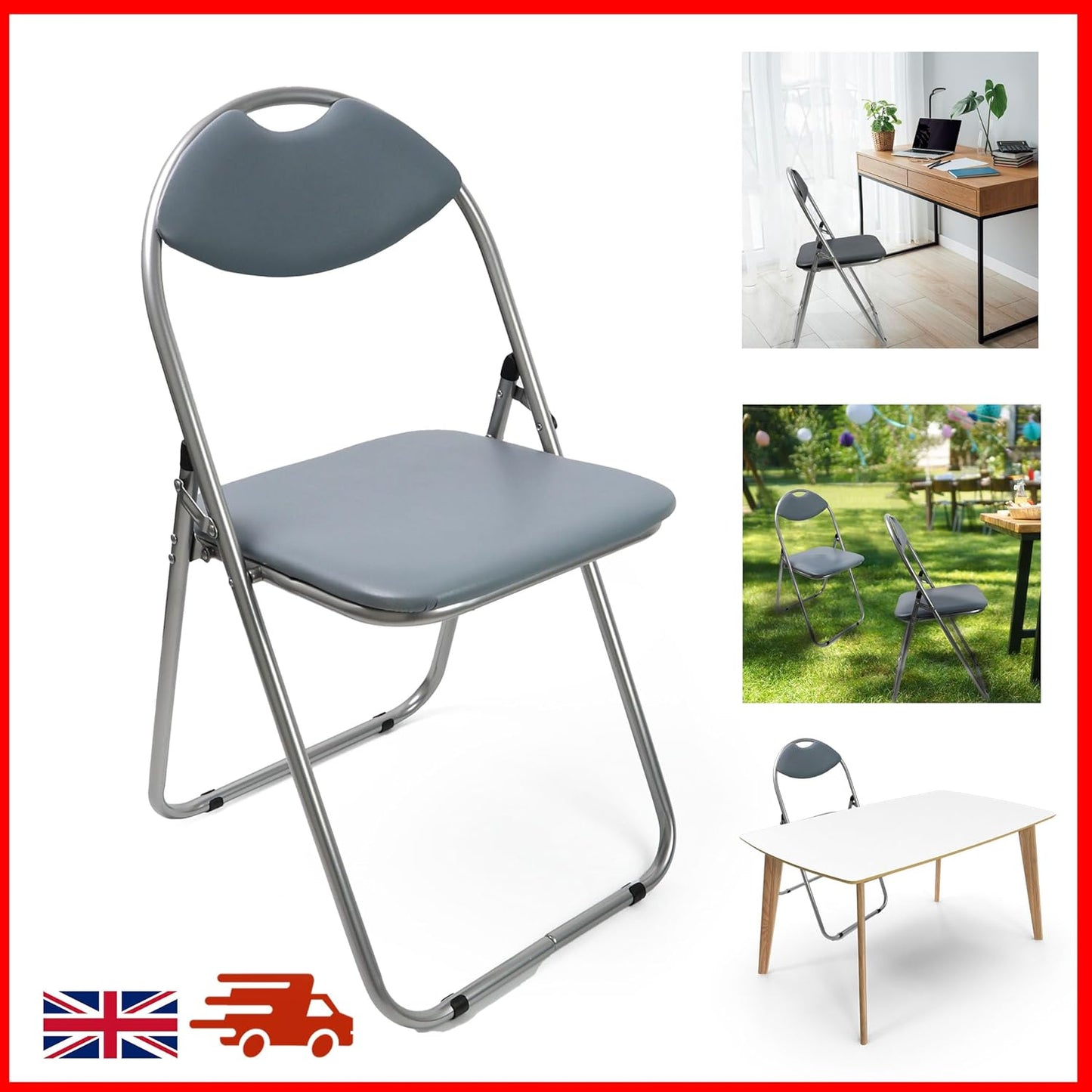 Gray folding chair with images of its use in various settings.