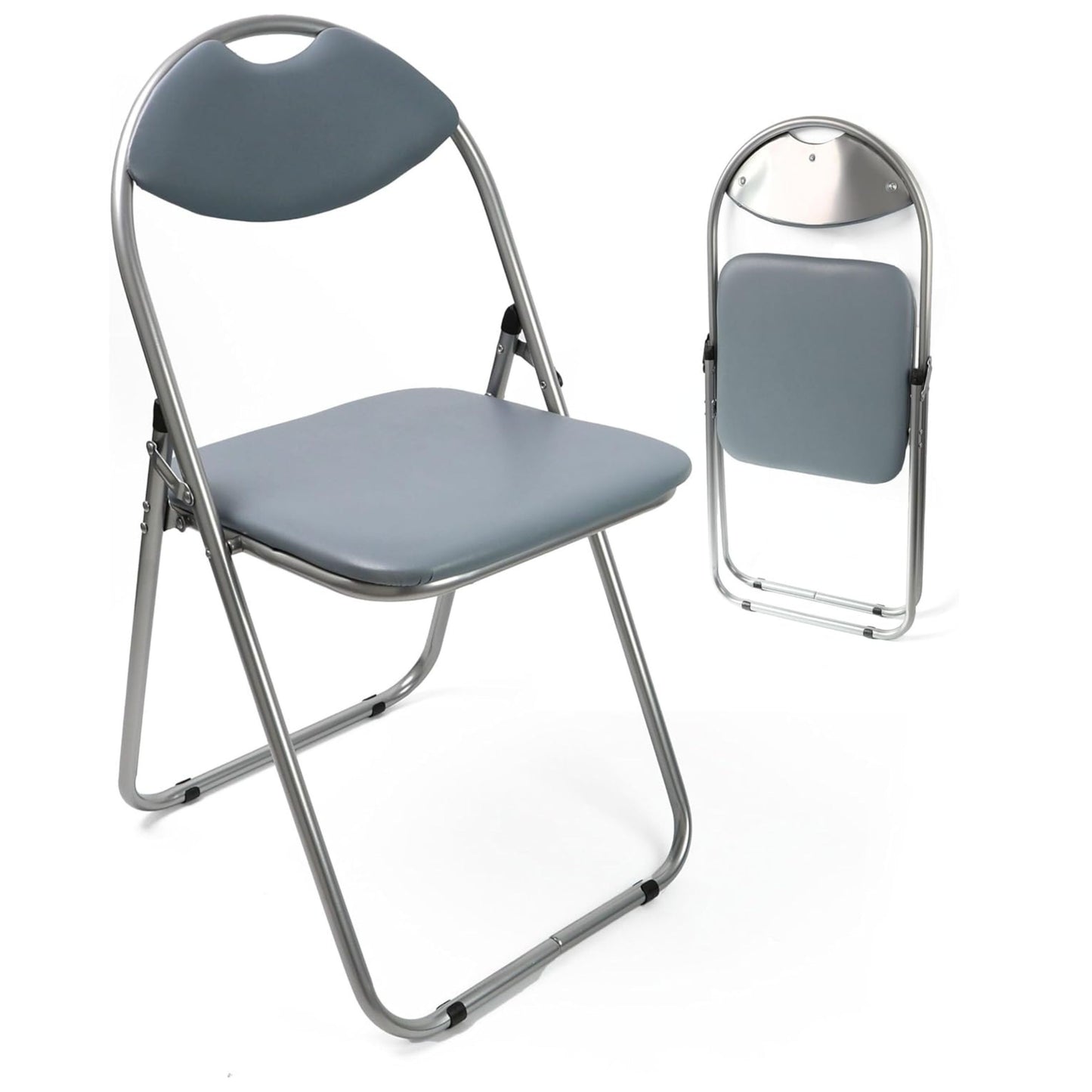 Gray folding chair with metal frame on a white background