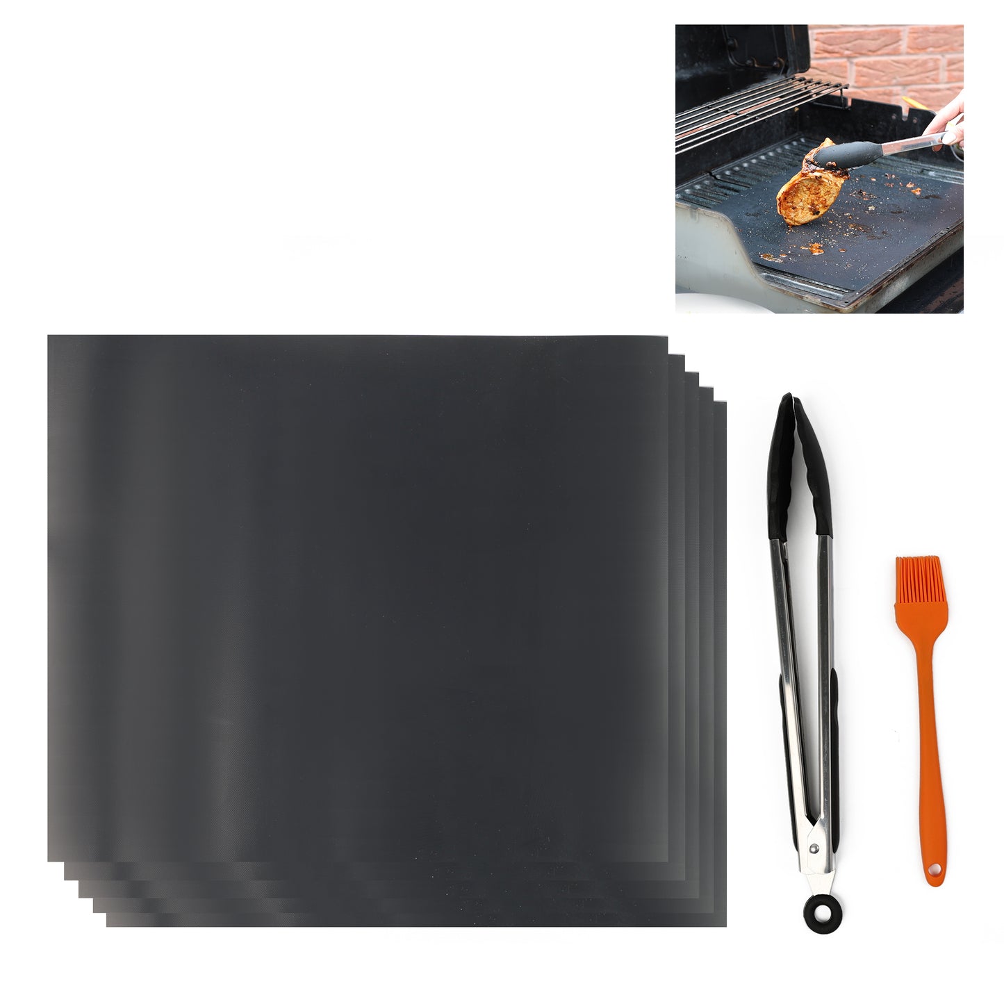 WISDOMWELL BBQ Grill Mat Set of 5 Non Stick Teflon Barbecue Baking Mats for Charcoal, Gas or Electric Grill - Heat Resistant, Reusable and Easy to Clean Free 12" BBQ Tongs and Silicone Brush