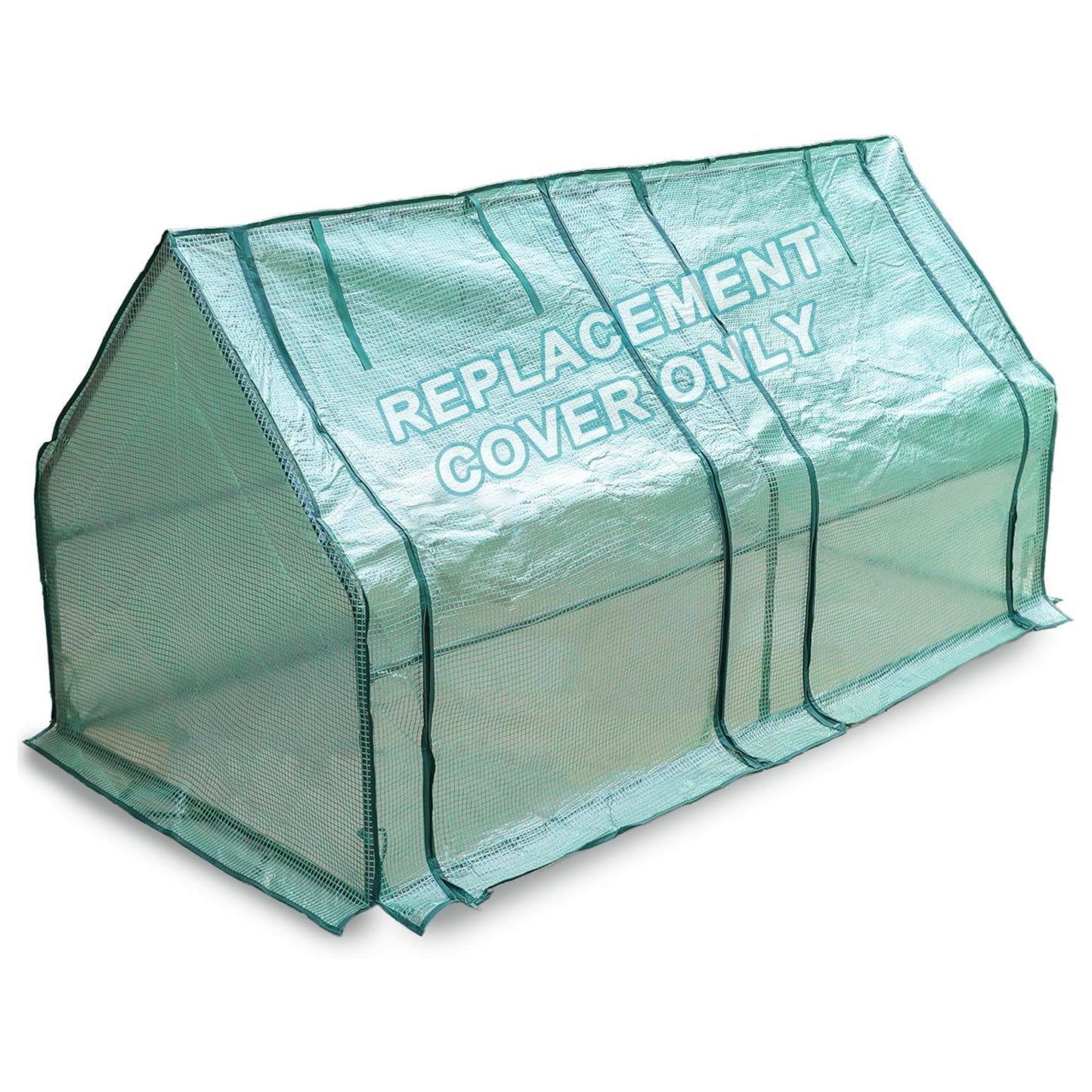 Green replacement cover for a greenhouse with 'Replacement Cover Only' text on a white background