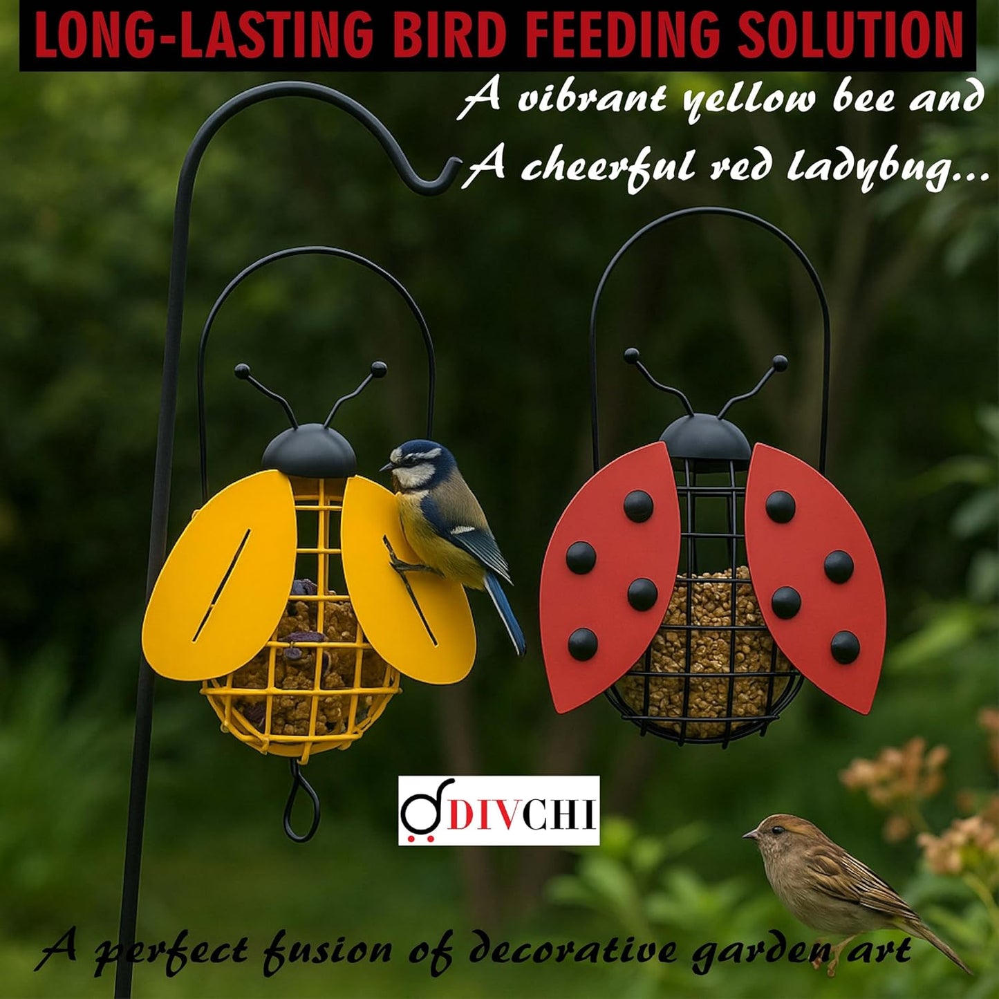 Bee And Ladybird Shaped Hanging Bird Feeder Decorative for Garden Easy to Refill