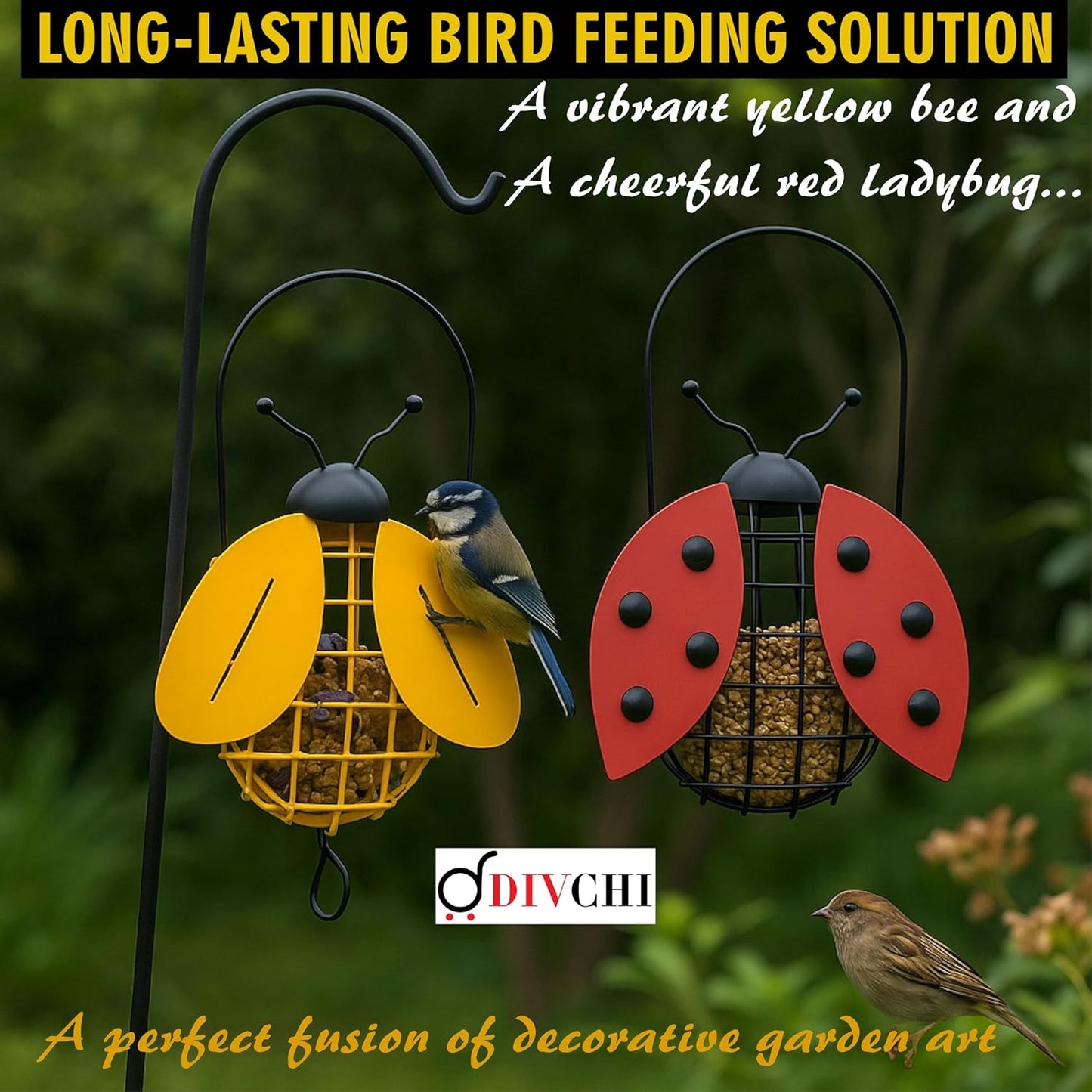 Bee And Ladybird Shaped Hanging Bird Feeder Decorative for Garden Easy to Refill