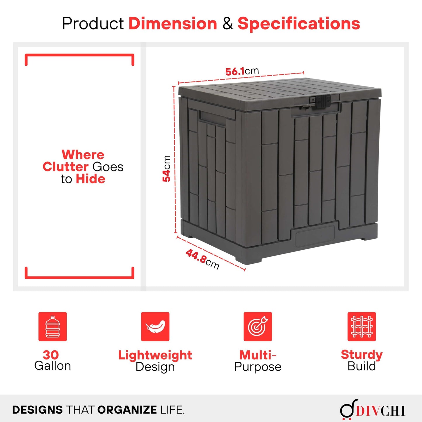 DIVCHI Outdoor Storage Box Waterproof Deck Box for Garden Tools Patio Cushions and Pool Accessories Lockable Easy Assembly Versatile Bench or Table (30 Gallon)