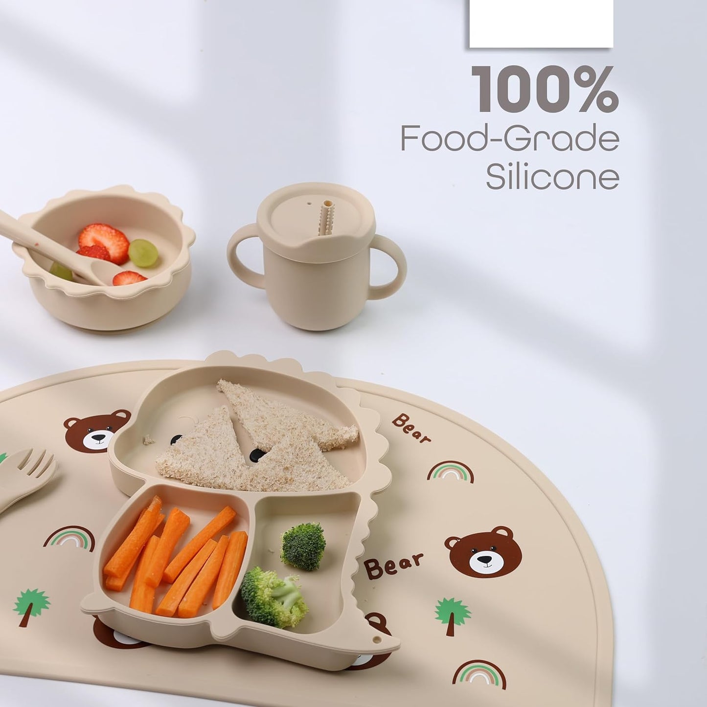 Silicone Baby Feeding Set Includes Suction Bowl, Baby Plate, Fork, Spoon & Cup - DIVCHI