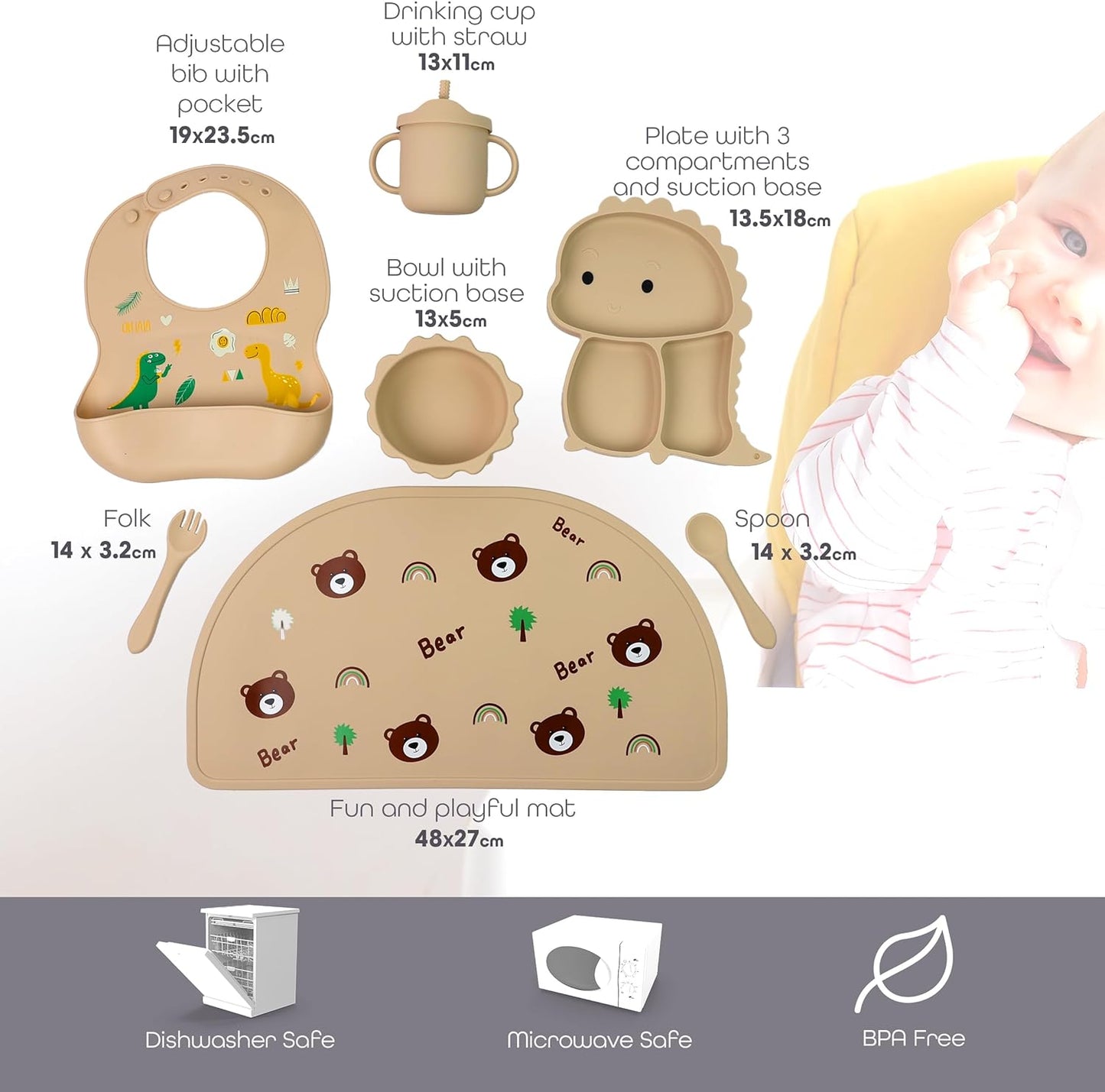 Silicone Baby Feeding Set Includes Suction Bowl, Baby Plate, Fork, Spoon & Cup - DIVCHI