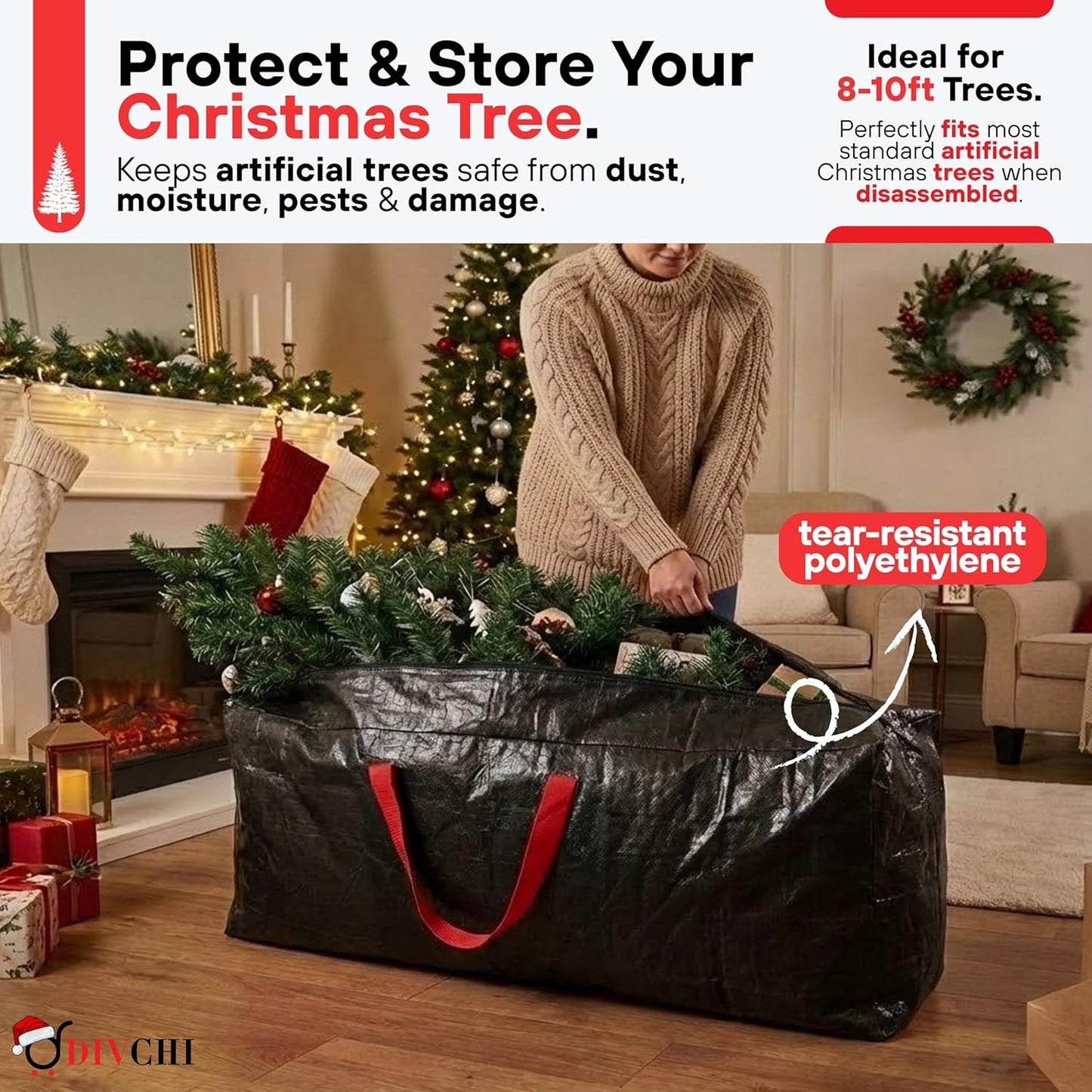 DIVCHI Large Christmas Tree 3Pcs Storage Bag Green - Holiday Artificial Disassembled Trees with Durable Reinforced Handles & Zipper - Waterproof Material Protects from Dust, Moisture & Insect (Black)