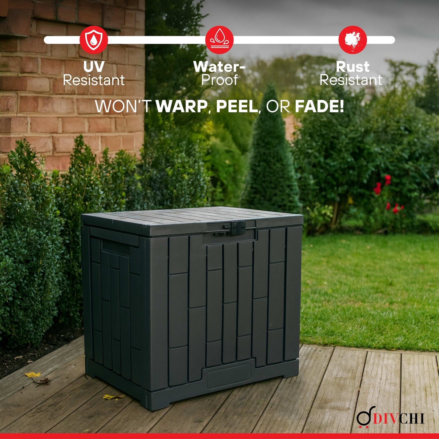 DIVCHI Outdoor Storage Box Waterproof Deck Box for Garden Tools Patio Cushions and Pool Accessories Lockable Easy Assembly Versatile Bench or Table (30 Gallon)