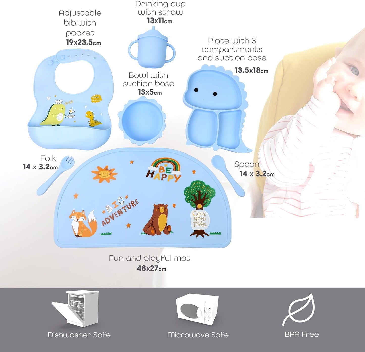 Silicone Baby Feeding Set Includes Suction Bowl, Baby Plate, Fork, Spoon & Cup - DIVCHI
