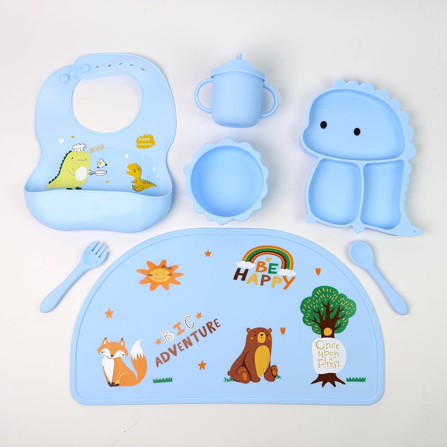 Silicone Baby Feeding Set Includes Suction Bowl, Baby Plate, Fork, Spoon & Cup - DIVCHI