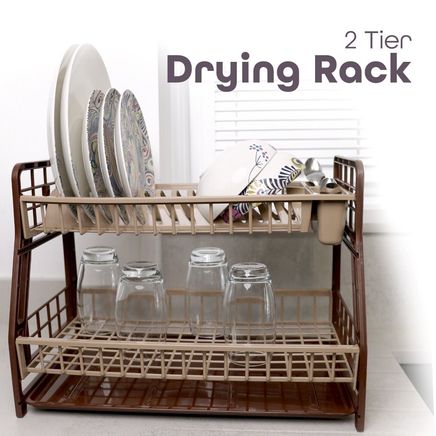 2-Tier Dish Drying Rack Large Capacity Drainer, Utensil Holder, Drain board - DIVCHI