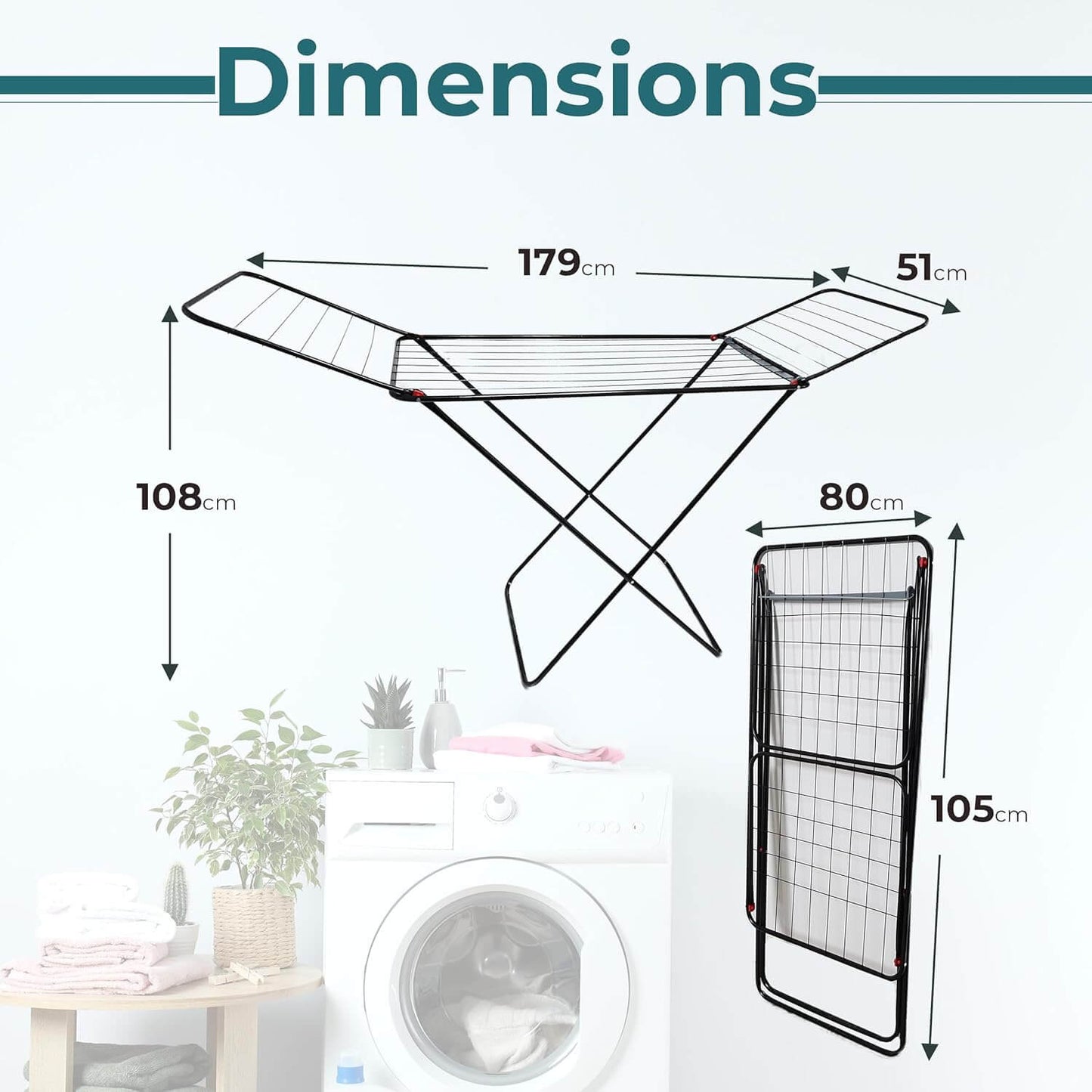 Dimensions of the clothes drying rack with folded and extended measurements