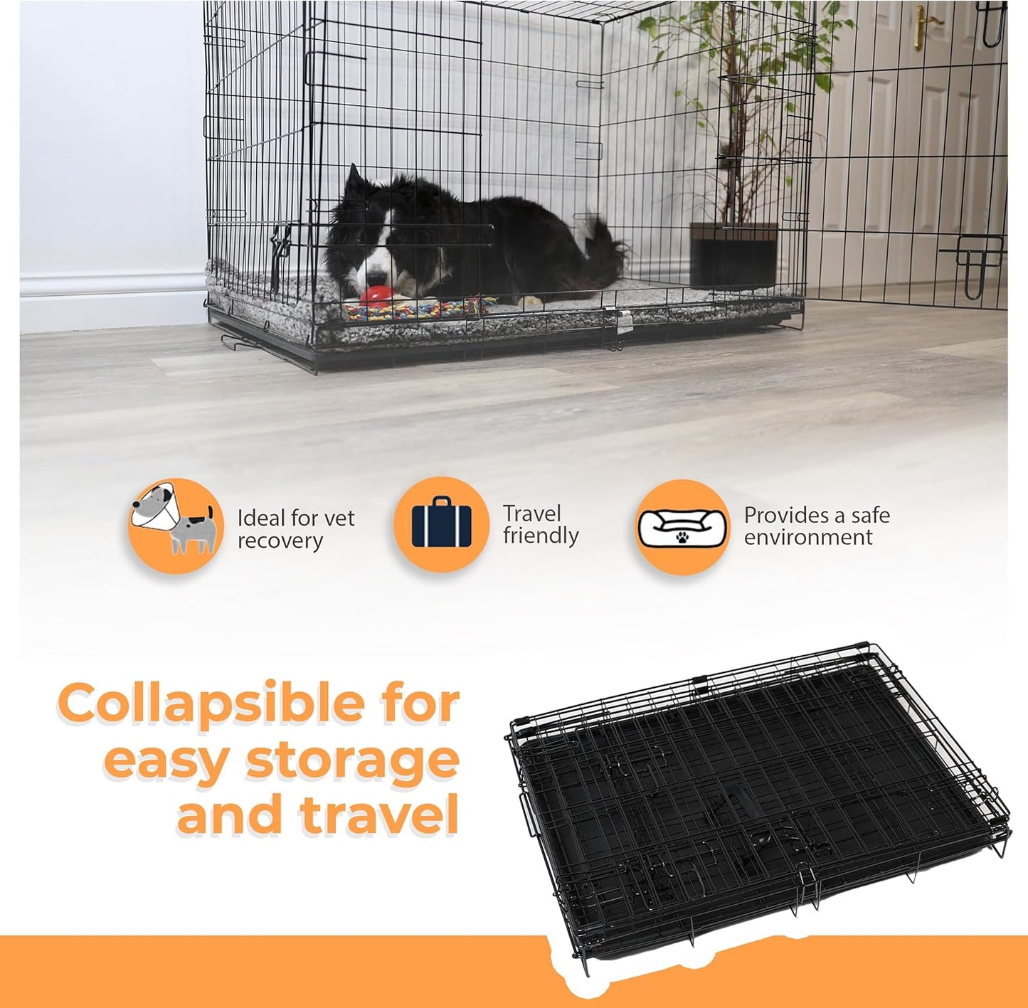 Collapsible pet crate folded flat for easy storage and travel