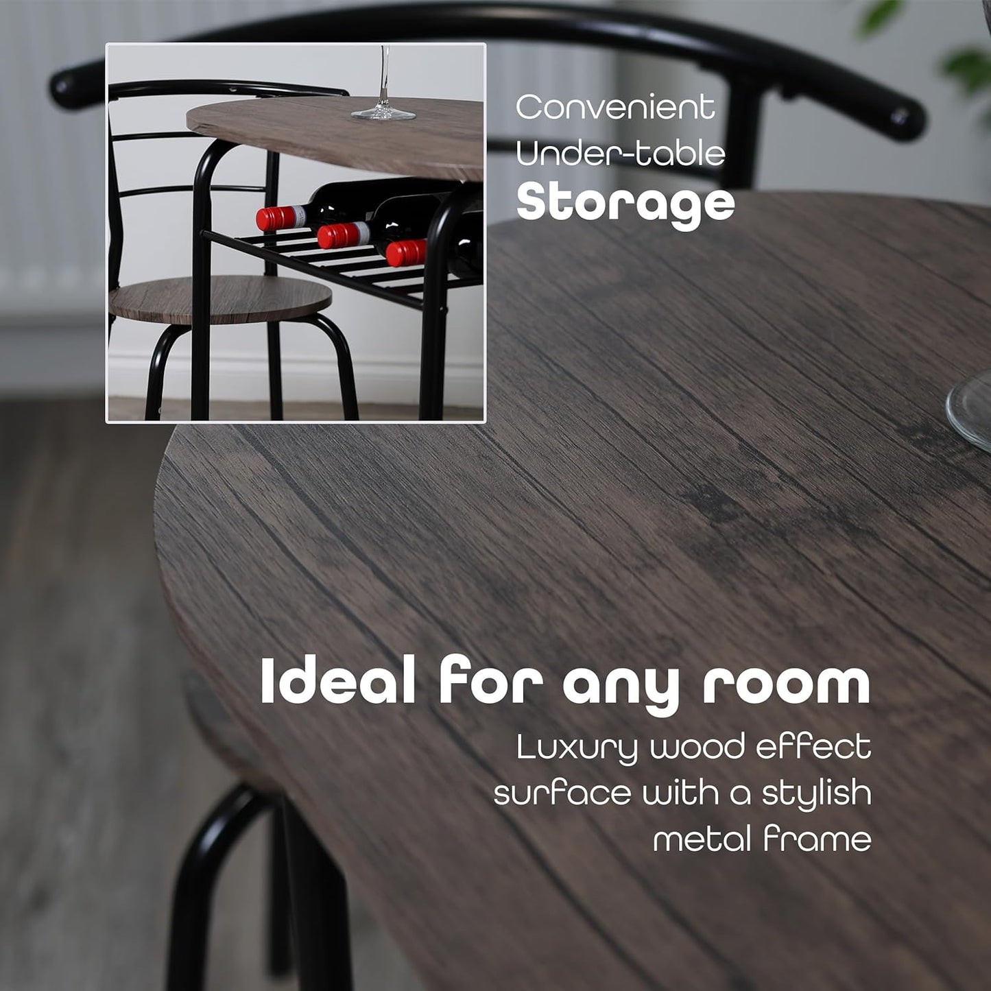 3 Piece Dining Table & Chairs Set With Storage Shelf And Wine Rack Modern Breakfast Bar Table - DIVCHI