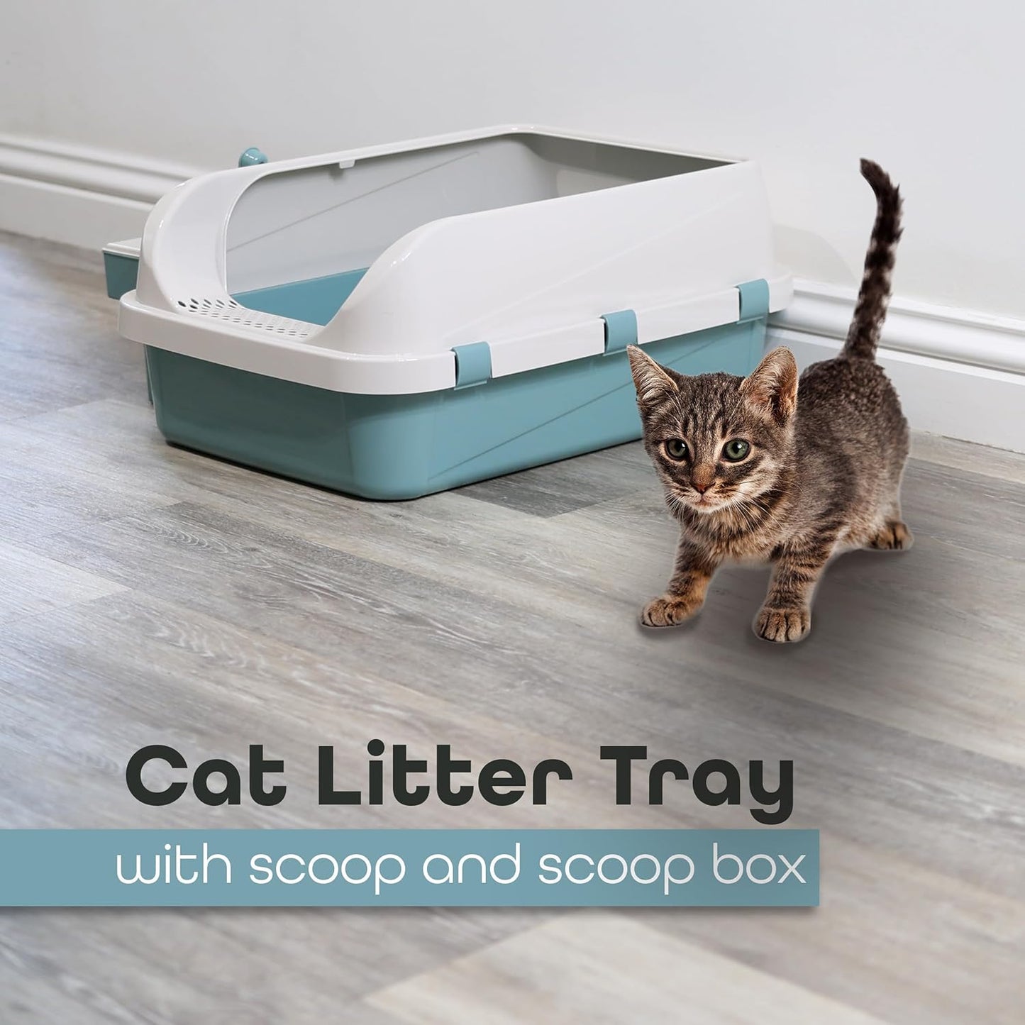 DIVCHI Cat Litter Tray Box, Litter Box, Plastic Cat Open Top Litter Tray with Scoop and Scoop Box Kitten Detachable Rim Easy Cleaning, 57.2 x 41.5 x 24.3cm - DIVCHI