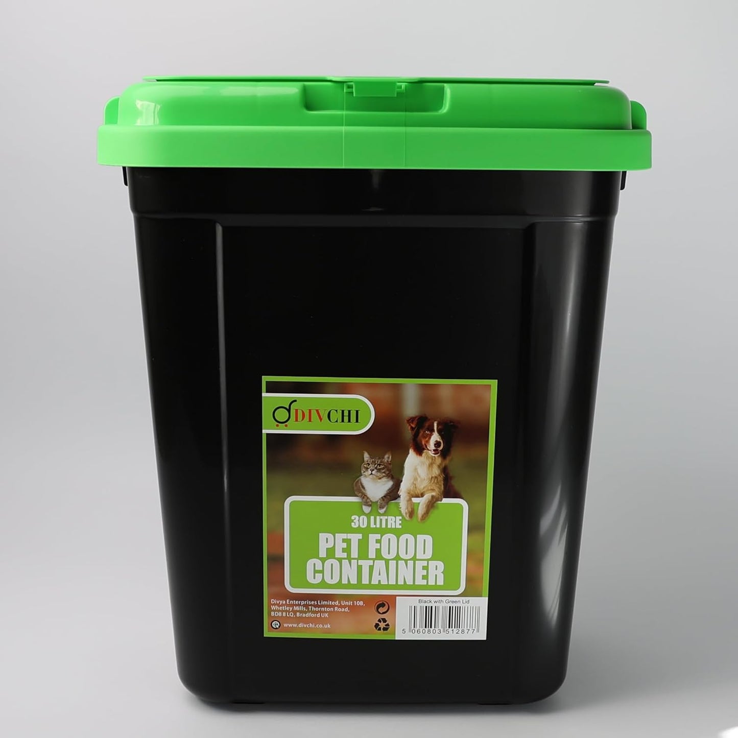 Front view of black 30L DIVCHI pet food container with green lid and product labe