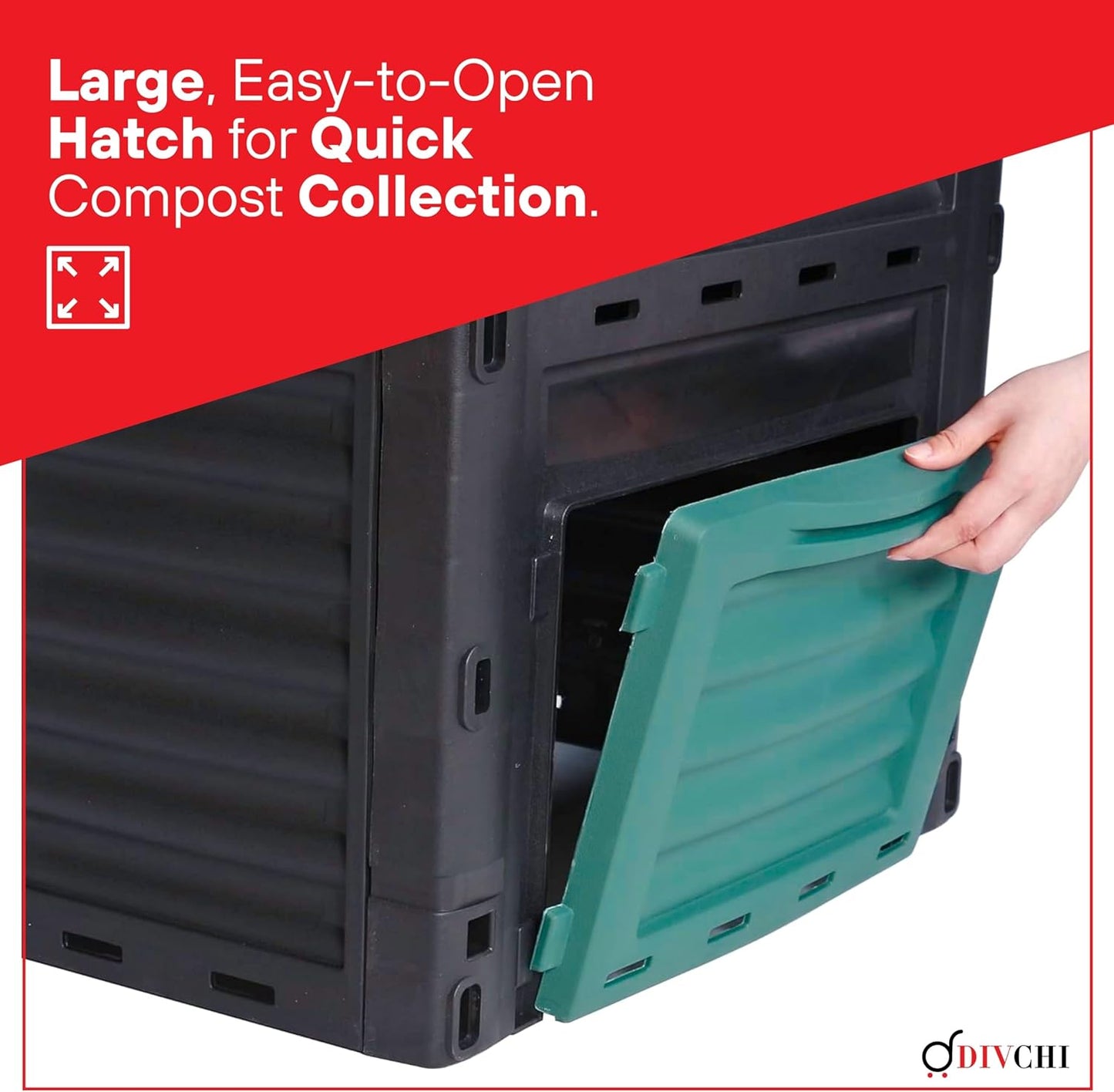 Black compost bin with a green hatch being opened by a hand, on a red background with text about the hatch.