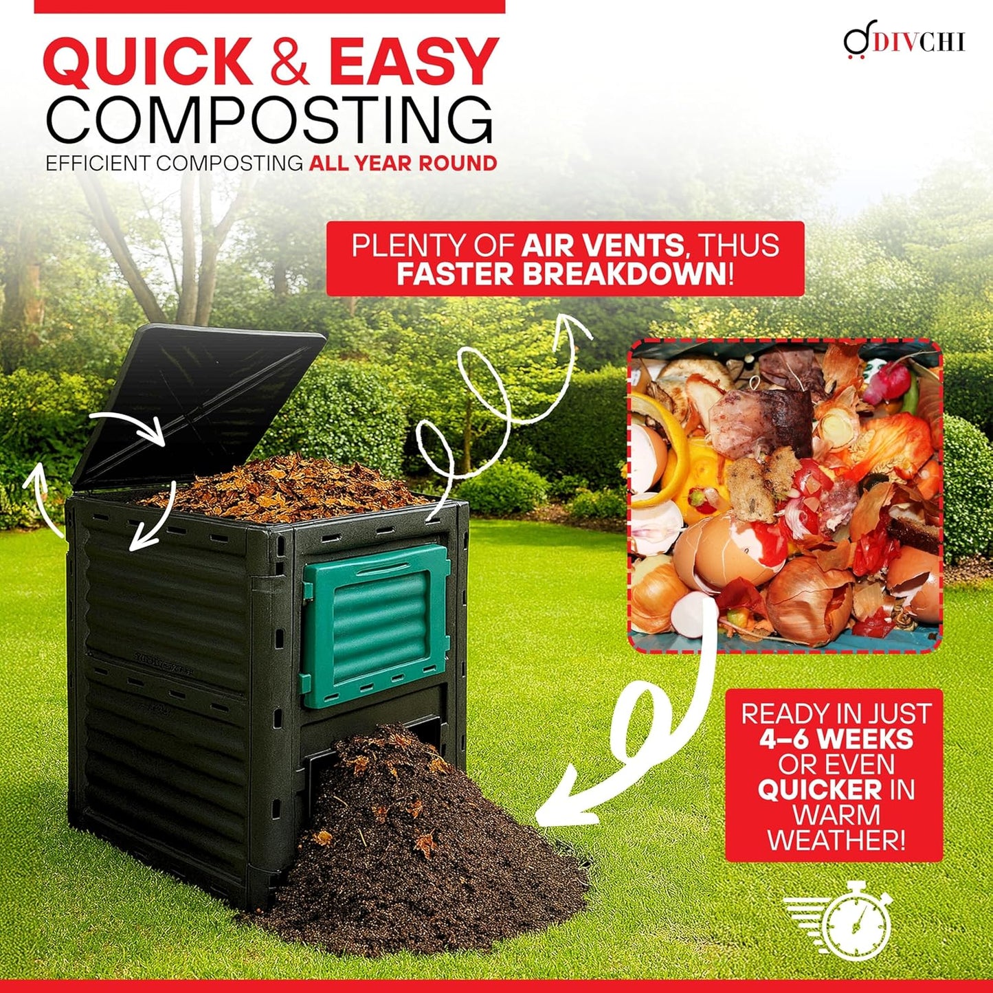 Composting bin with air vents and compost material, set against a garden background.
