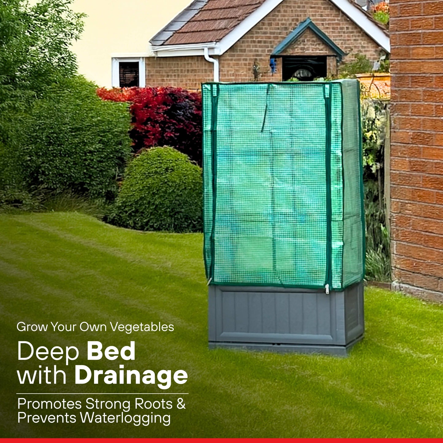 Garden deep bed with drainage system on grass in front of a house