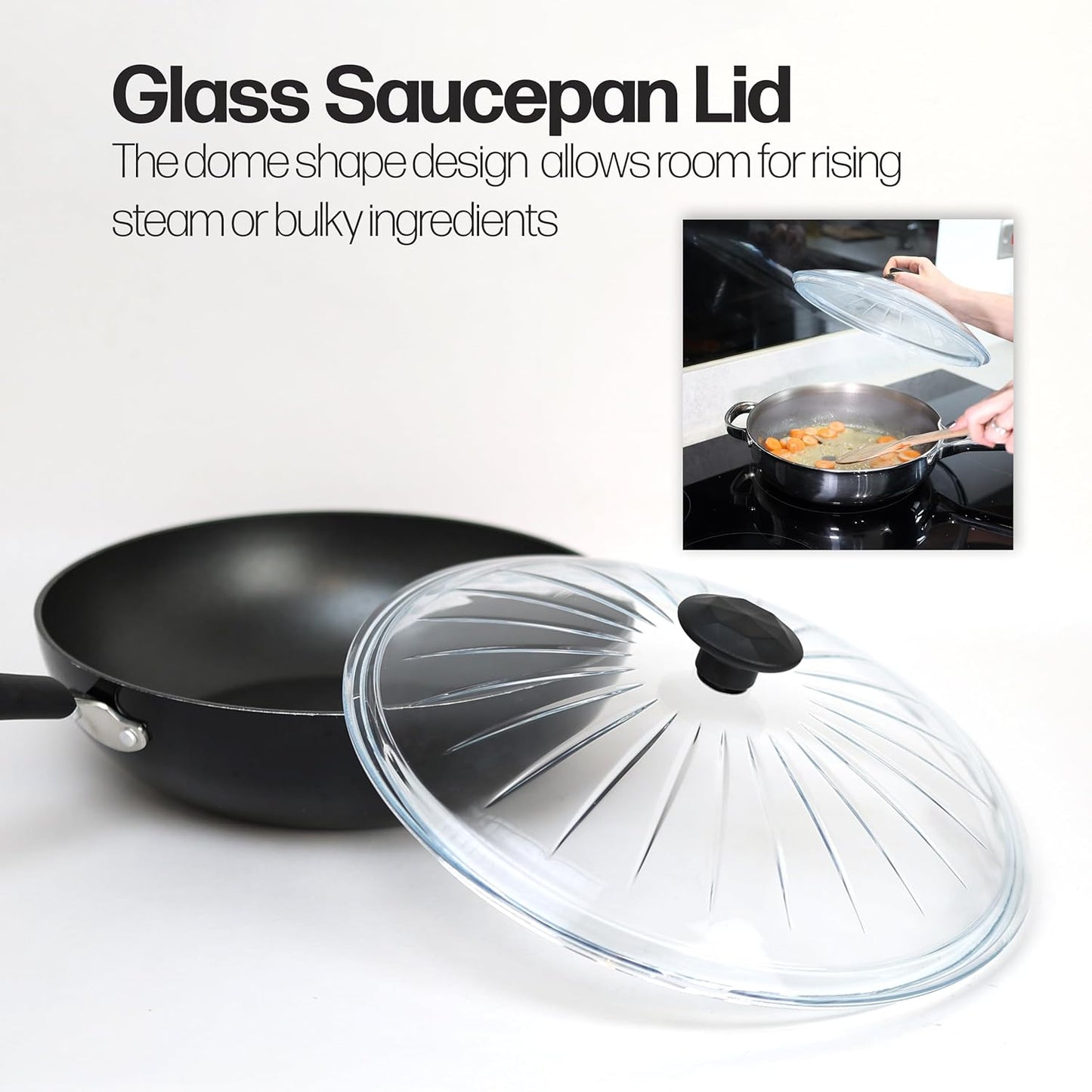 Dome-shaped glass lid resting on a nonstick frying pan