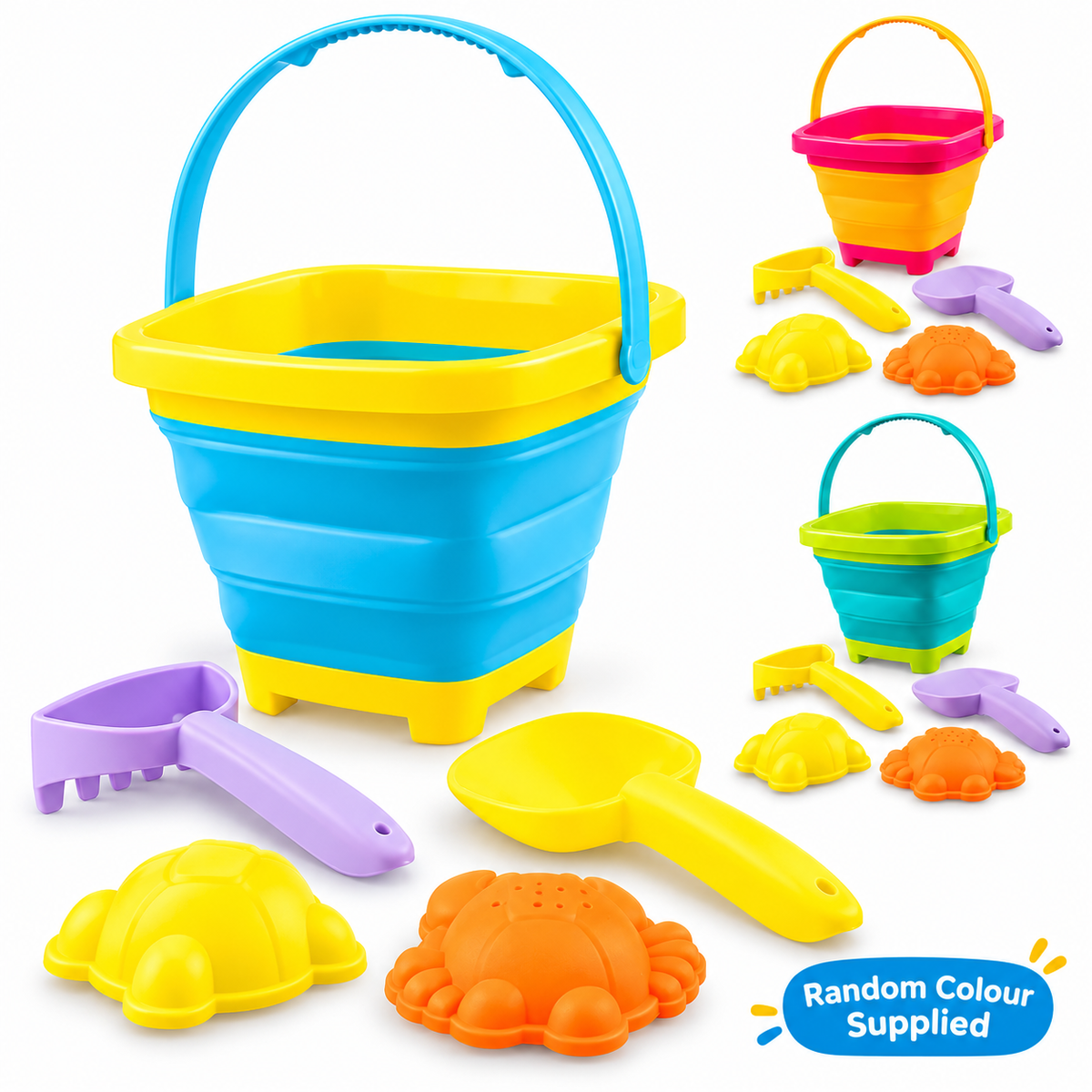 DIVCHI 5 piece foldable beach bucket set with spade, rake and 2 sand moulds, random colour supplied