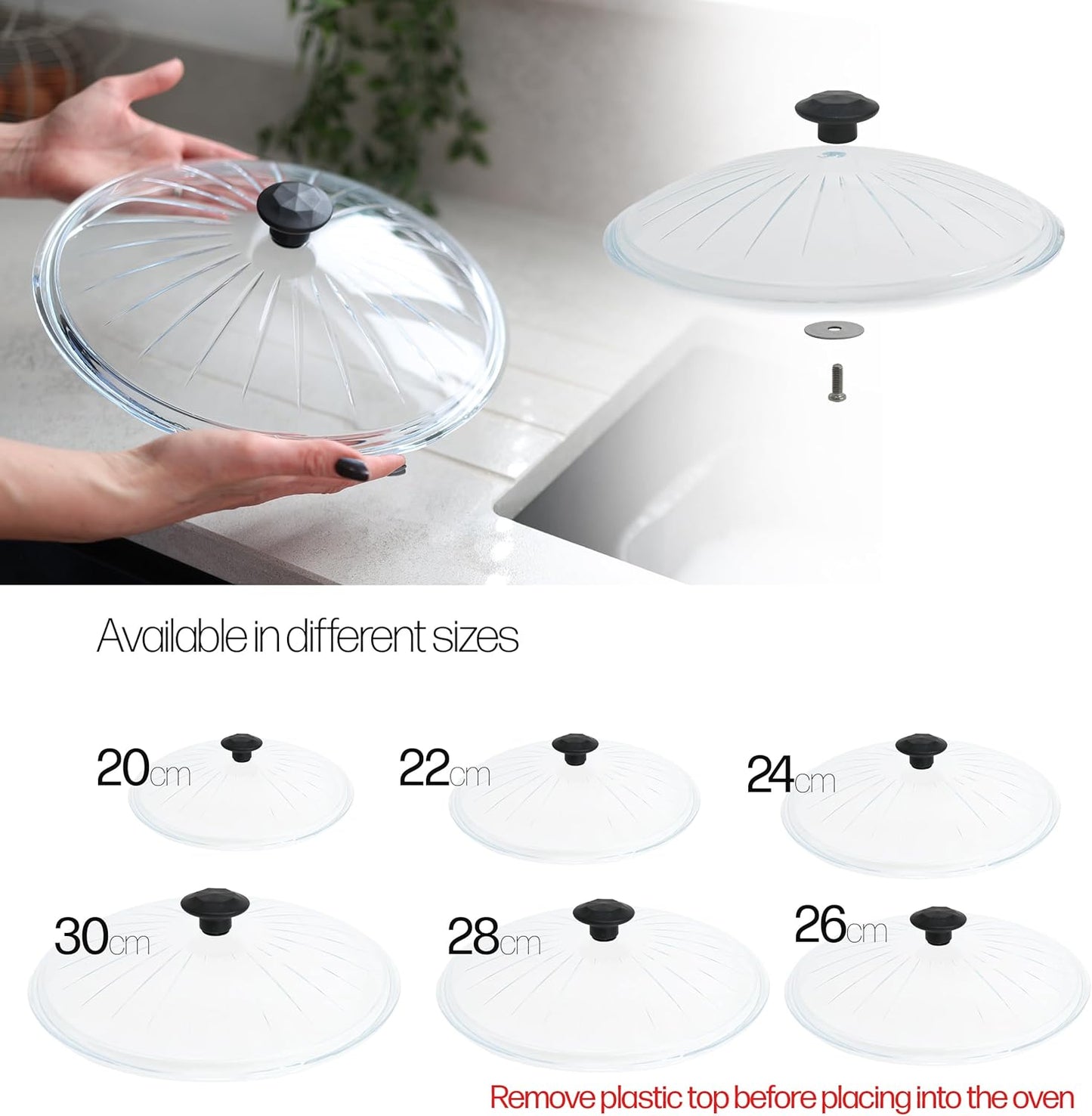 DIVCHI glass lid available in 20cm to 30cm sizes