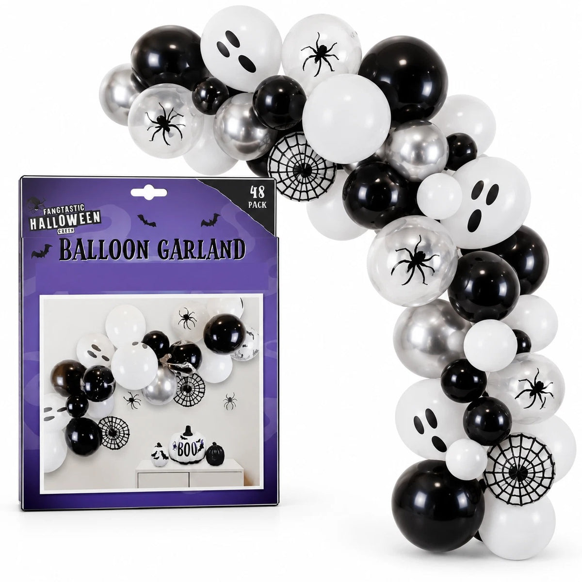 DIVCHI Halloween Balloon Garland Arch Kit – 48 pack with black, white, silver, ghost and spider balloons and spider web fans