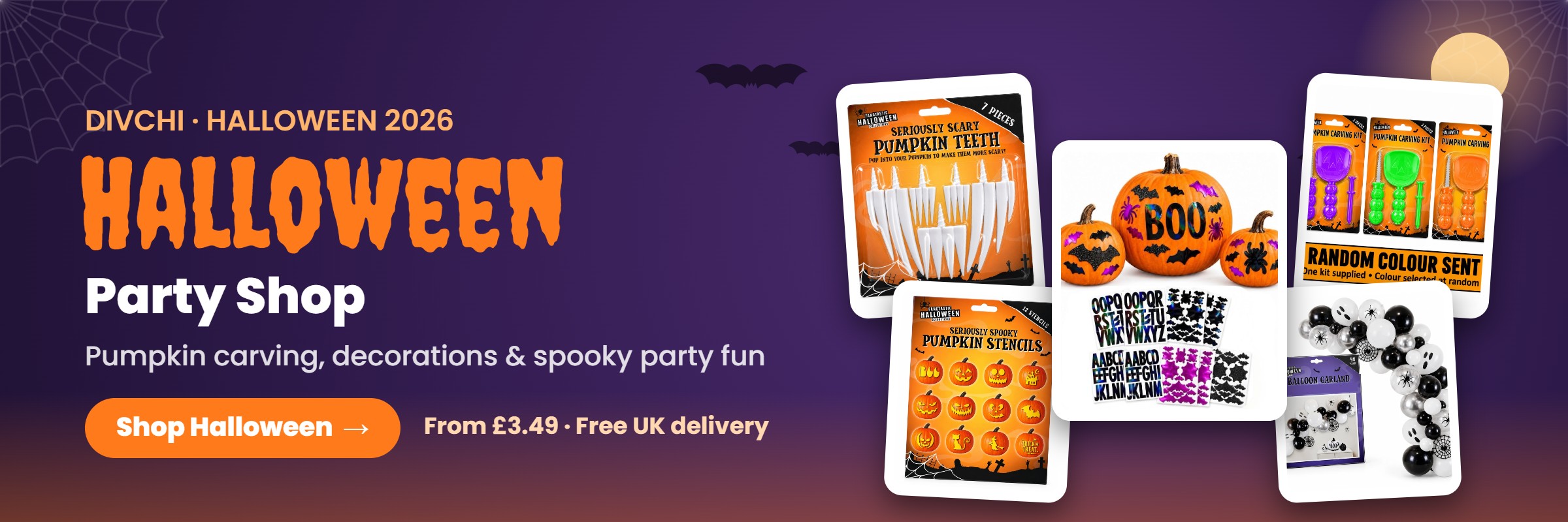 DIVCHI Halloween Party Shop – pumpkin carving kits, stencils, stickers, pumpkin teeth and balloon garlands